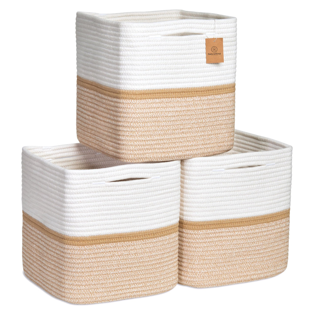 NaturalCozy storage cubes 11-inch basket assembled on a shelf for tidy organization.