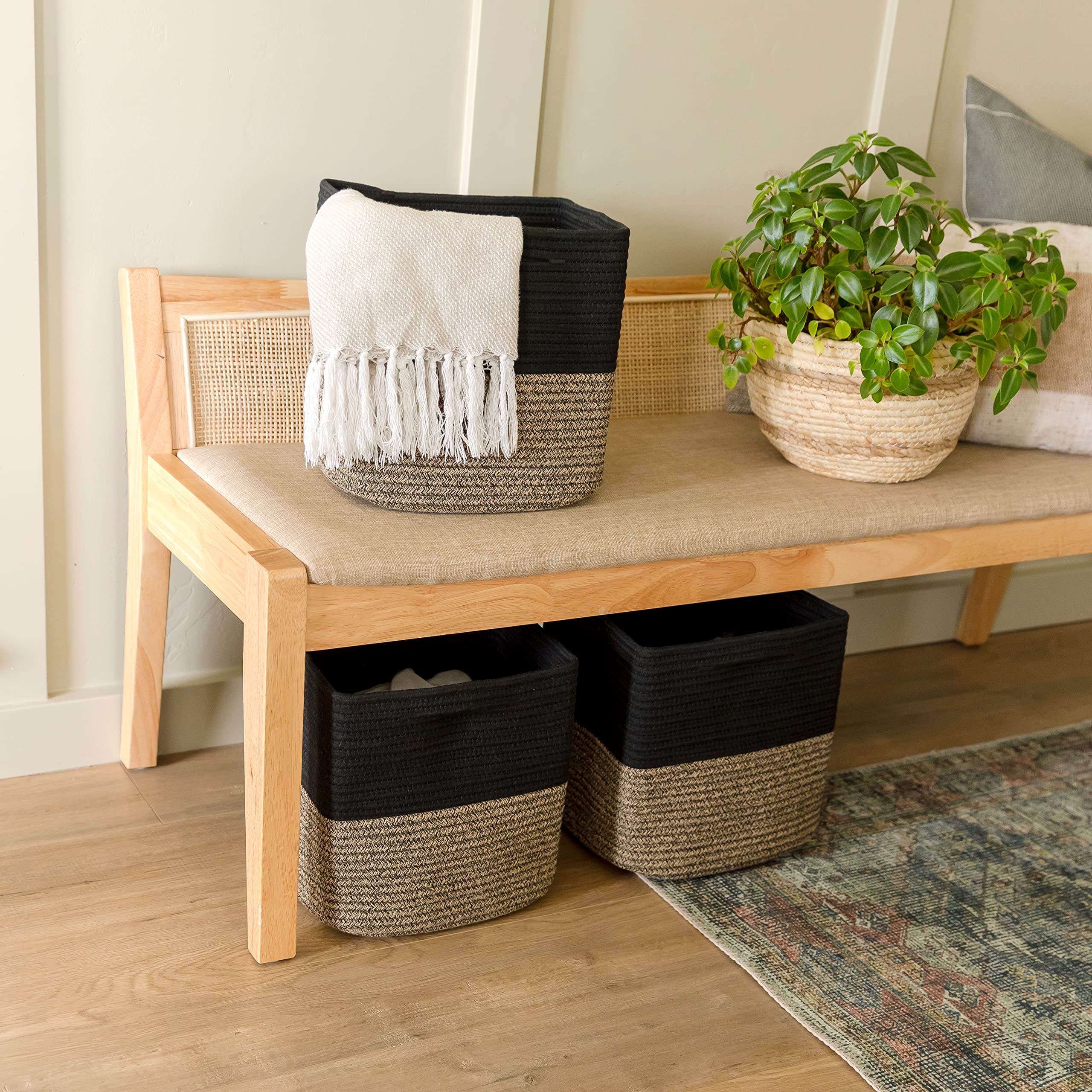 NaturalCozy Storage Cubes on a shelf save space and simplify storage.