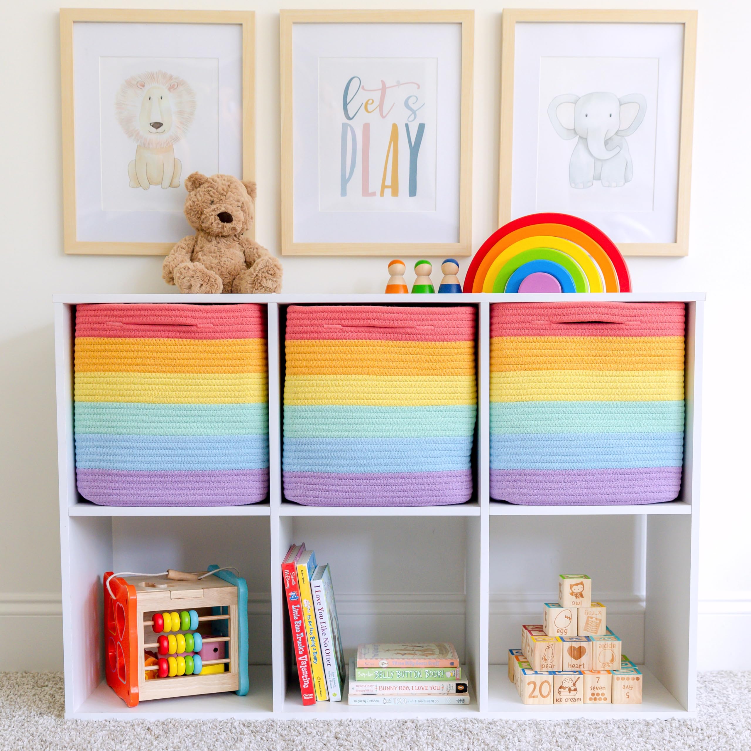 NaturalCozy 11-inch storage cubes on shelf illustrate space-efficient toy organization