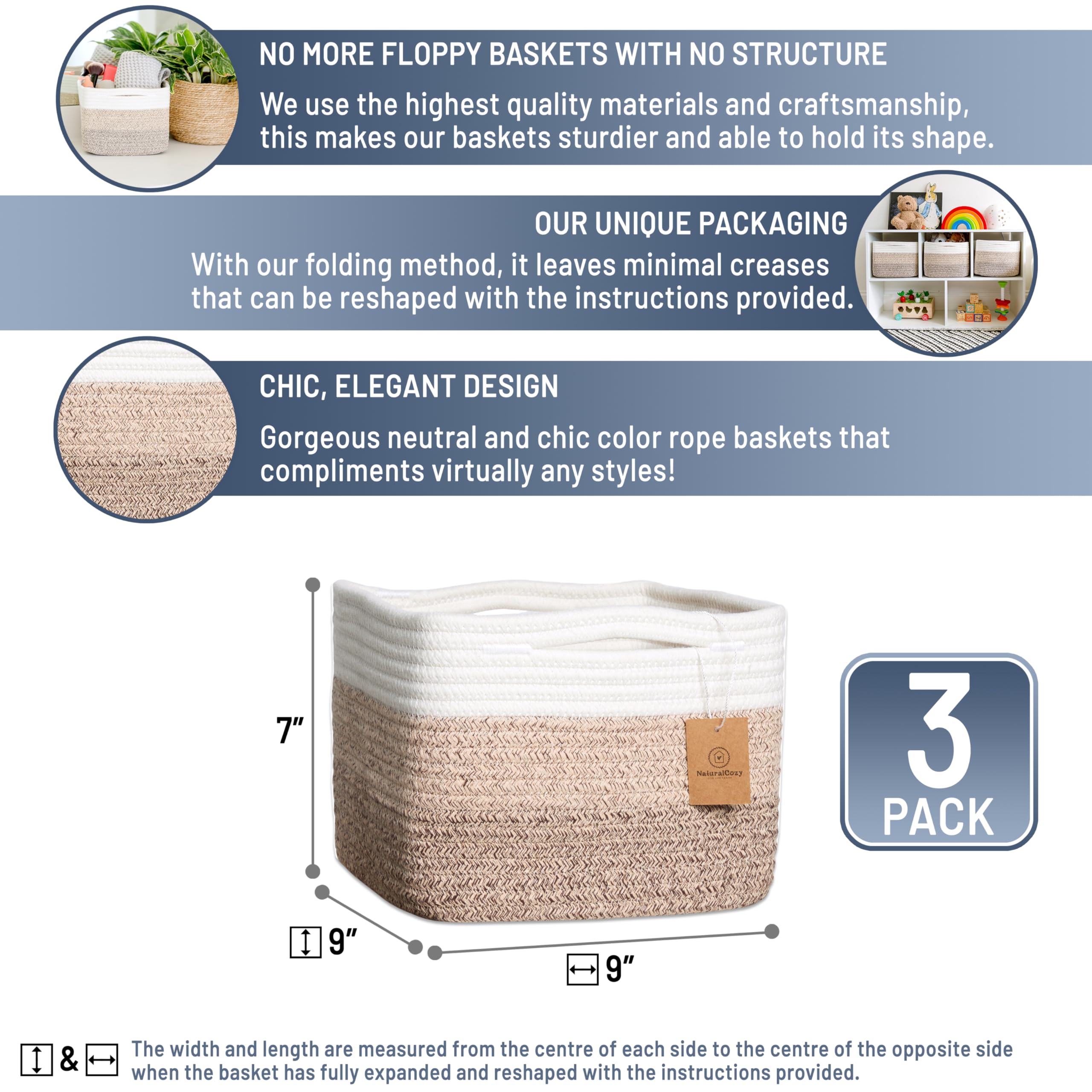 NaturalCozy storage cubes 9x9x7 stacked neatly on a shelf demonstrating space-saving versatility.
