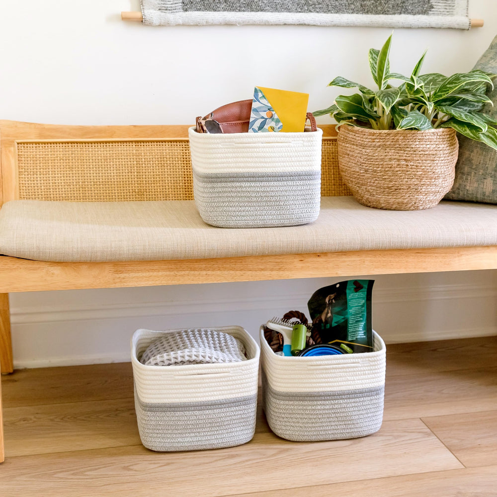 NaturalCozy storage cubes in bathroom closet decor offer subtle, decorative storage