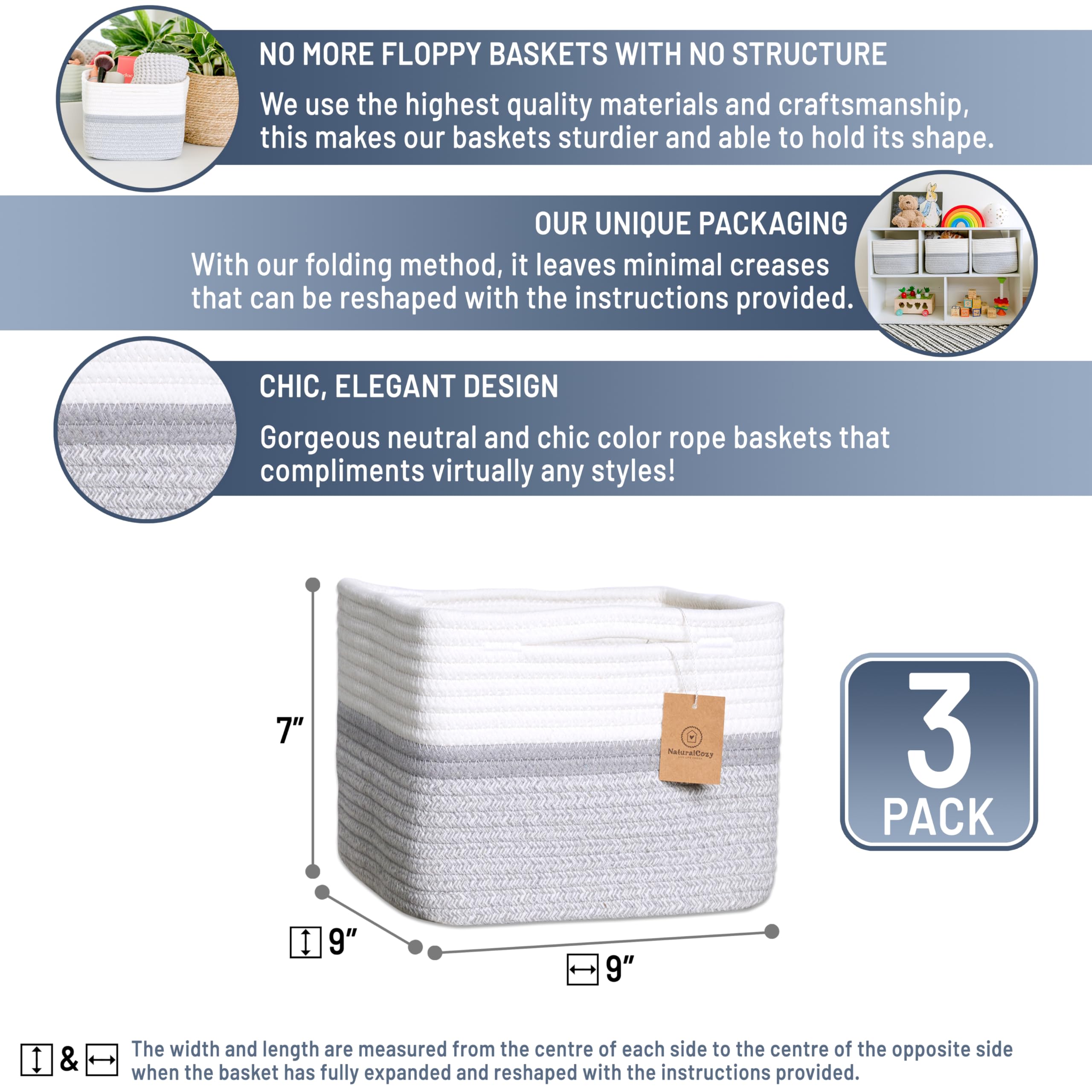 NaturalCozy cotton rope basket close-up highlights sturdy weave and durability