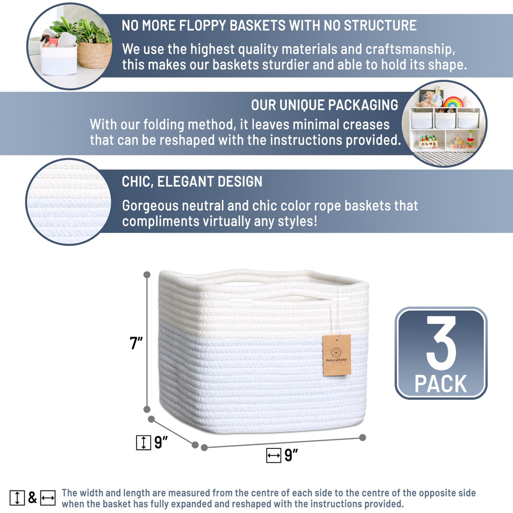 NaturalCozy storage cubes 9x9x7 inch dimensions shown for shelf planning.