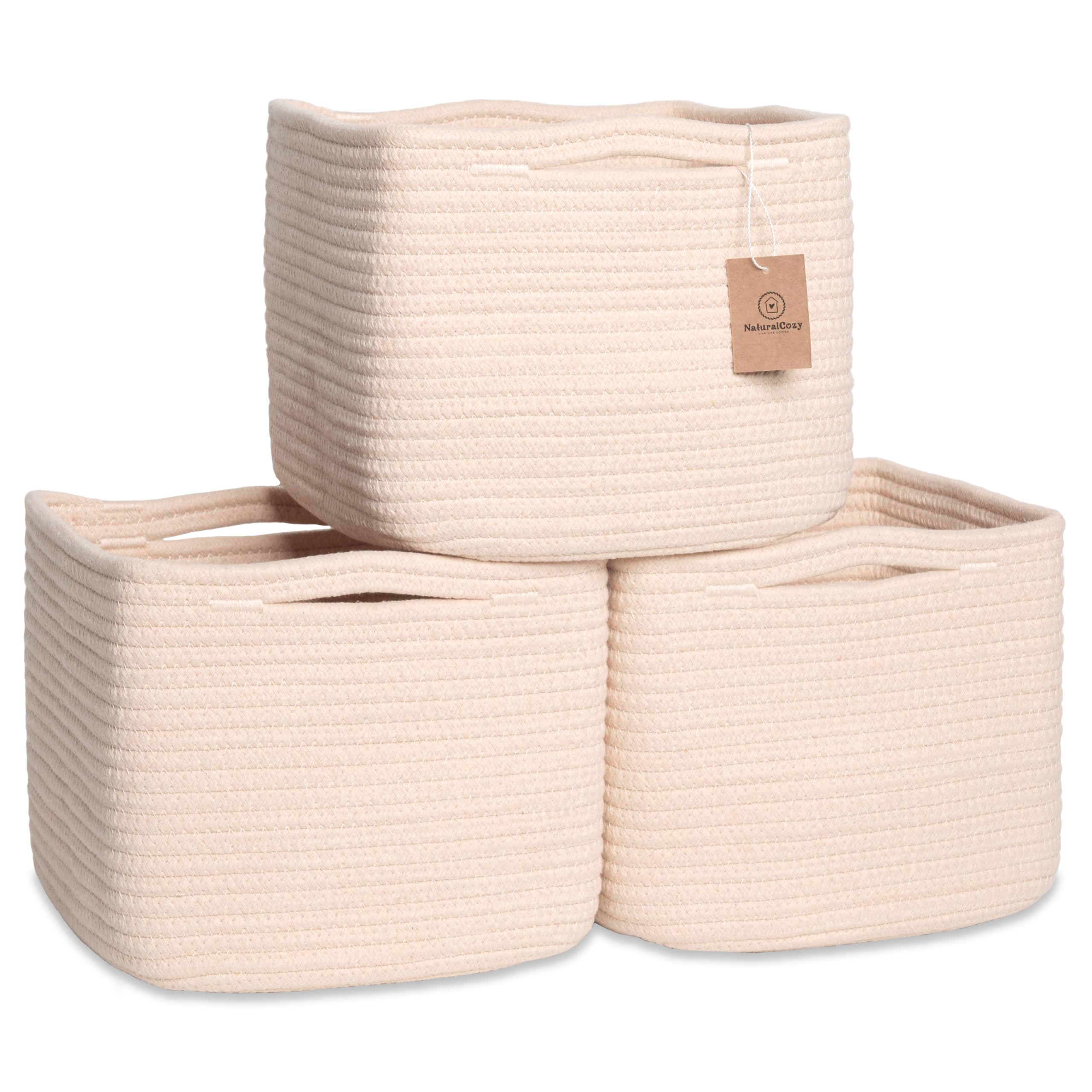 NaturalCozy Storage Cubes folded-structure show a firm, wrinkle-free form on shelves.