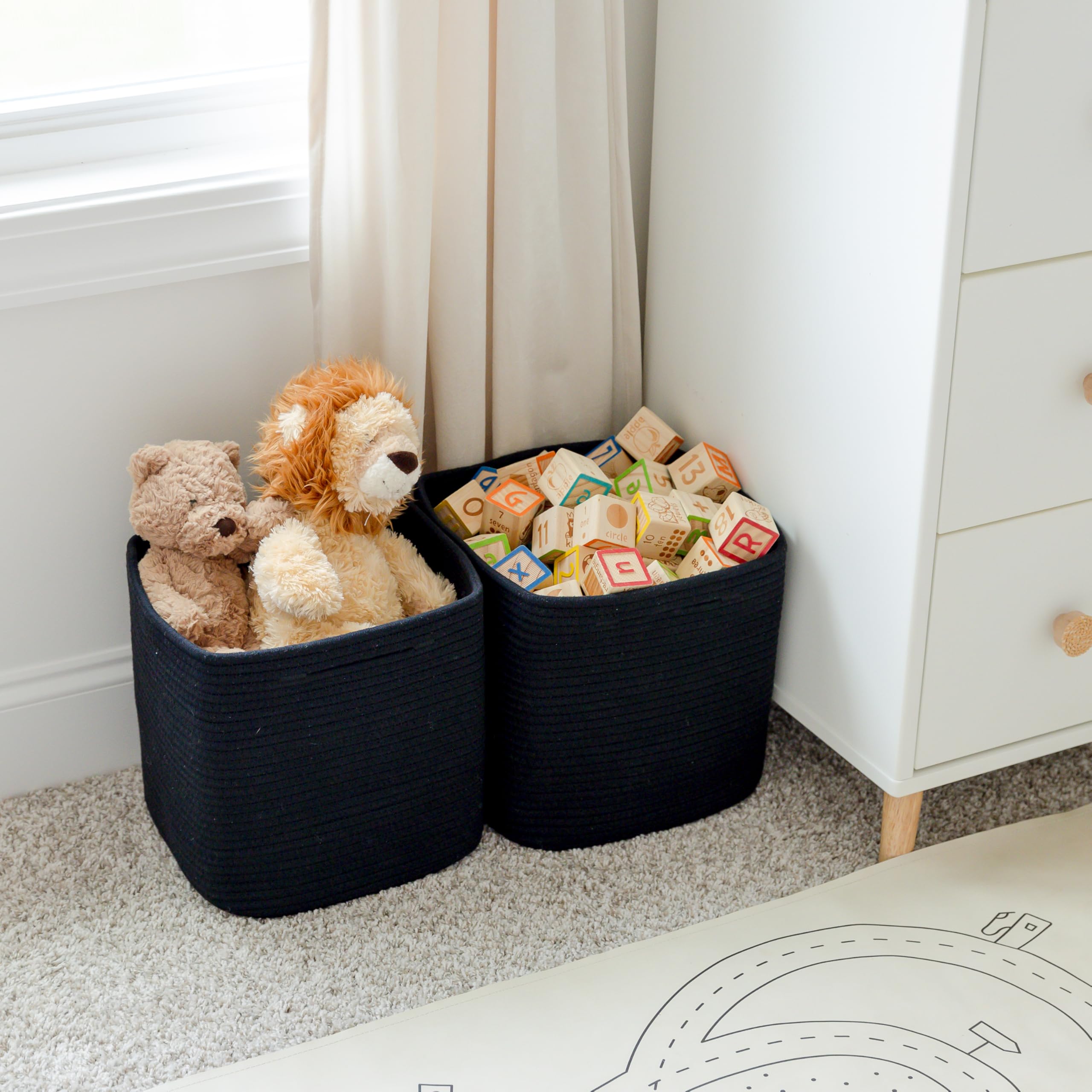 NaturalCozy Storage Cubes 3-pack in use on a playroom shelf.