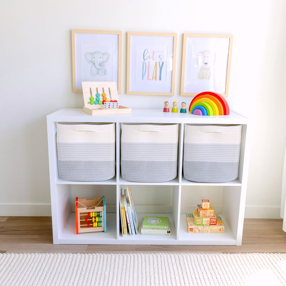 NaturalCozy three-pack fabric storage cubes stacked on shelf for toy organization.