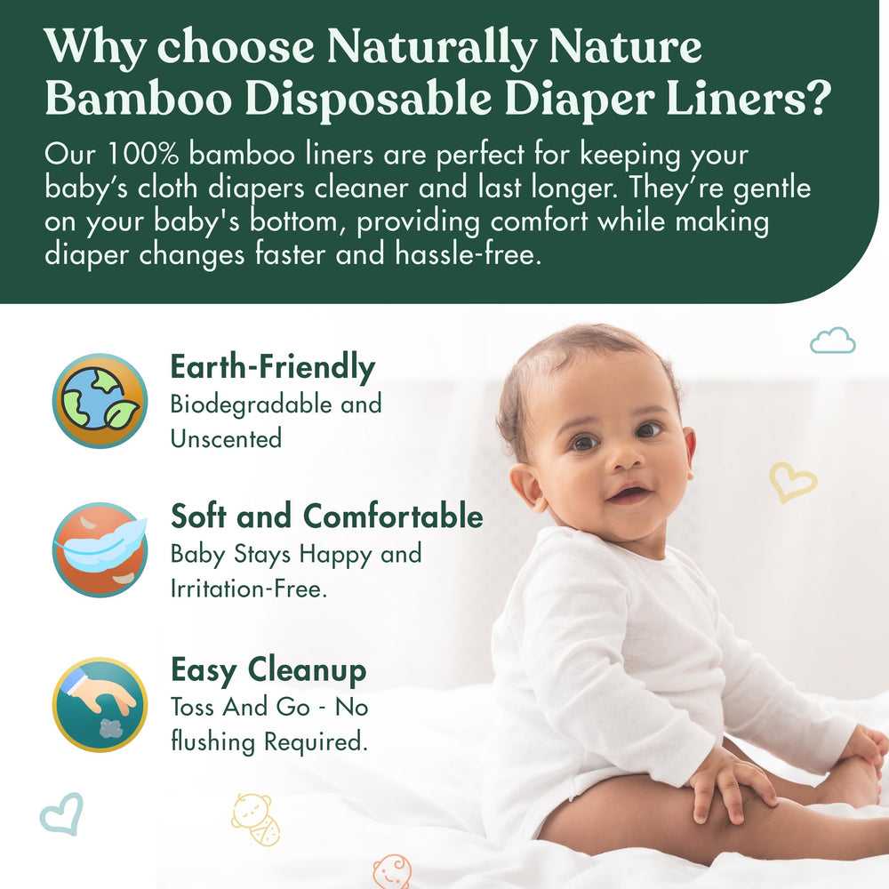Naturally Nature diaper liner 200-count rolls highlight convenient high-volume supply.