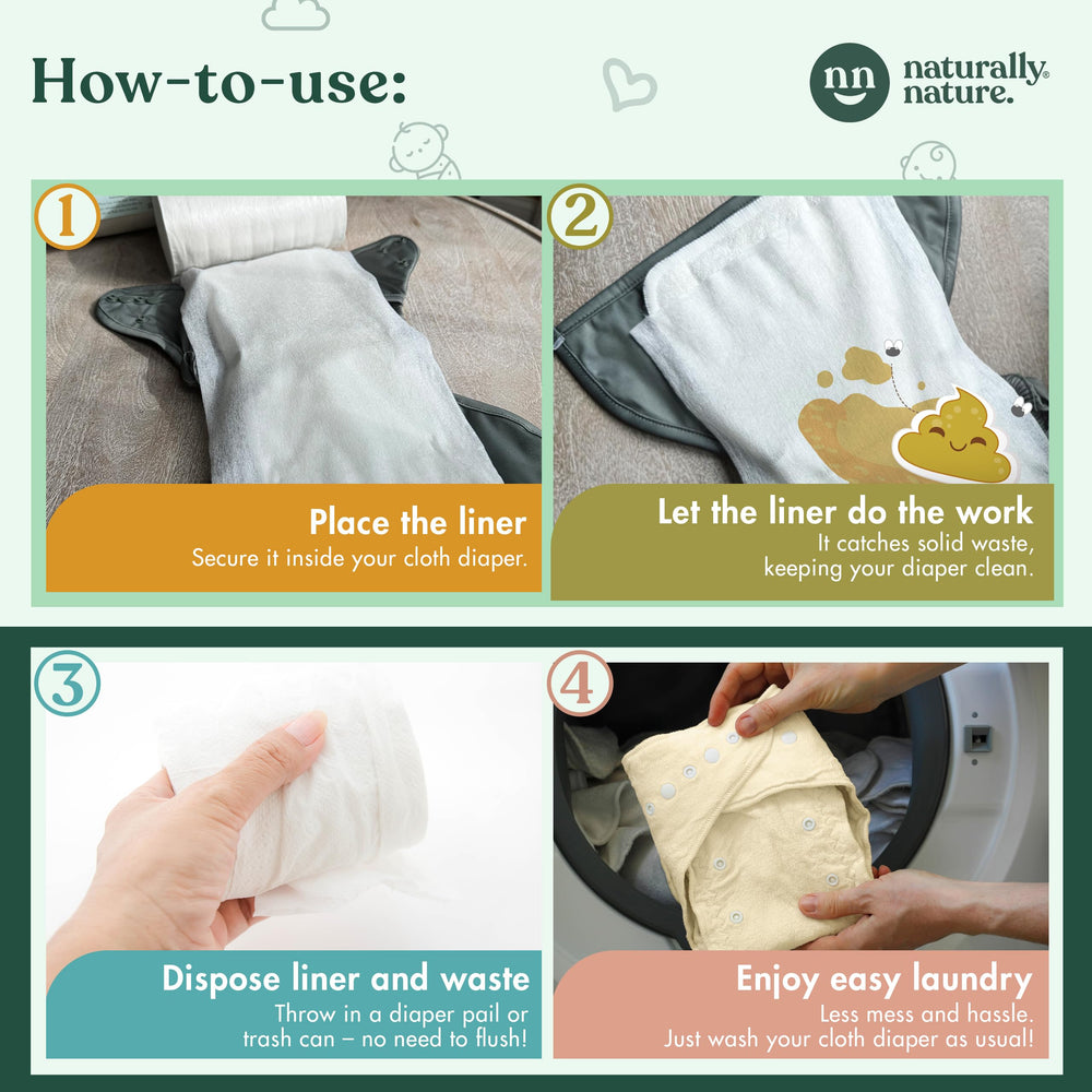 Naturally Nature diaper liners close-up showing 12.5 by 7 inch coverage