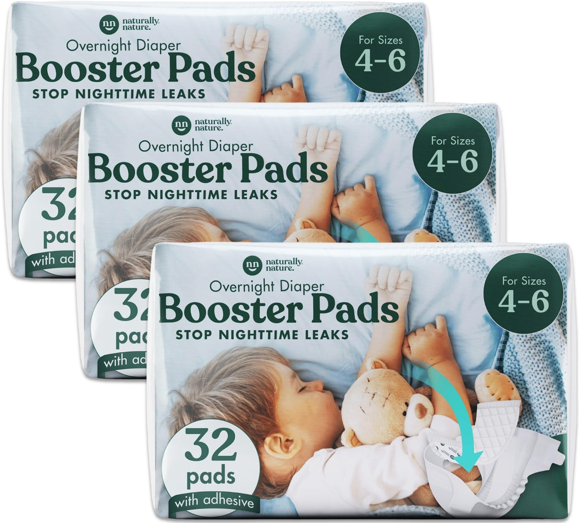 Naturally Nature Overnight Diaper Booster Pads packaging shows three 32-count packs for travel-ready protection.