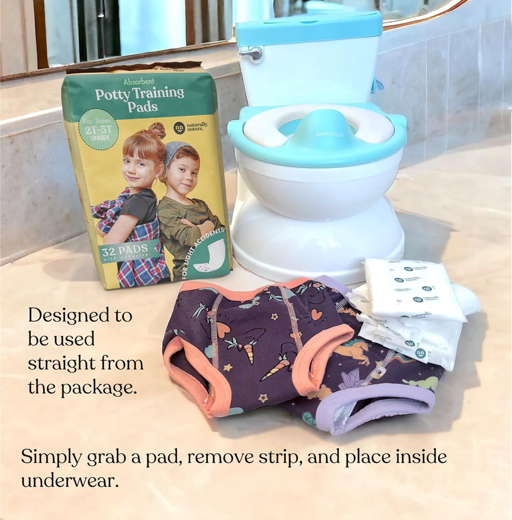 Naturally Nature potty-training pad wiggle-proof-adhesive-strip keeps leaks secure during active play.