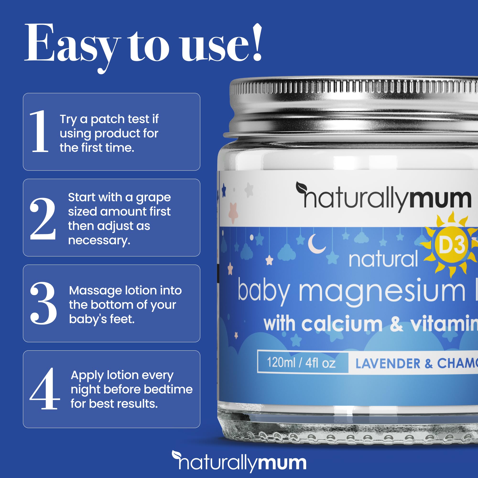 NaturallyMum lotion label highlights calcium and vitamin D for bone support