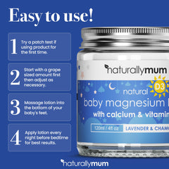 NaturallyMum lotion label highlights calcium and vitamin D for bone support