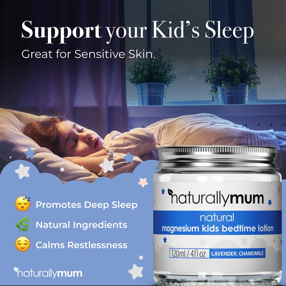 NaturallyMum magnesium lotion kids bedtime feet application shows easy nightly massage.