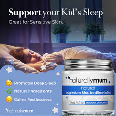 NaturallyMum magnesium lotion kids bedtime feet application shows easy nightly massage.