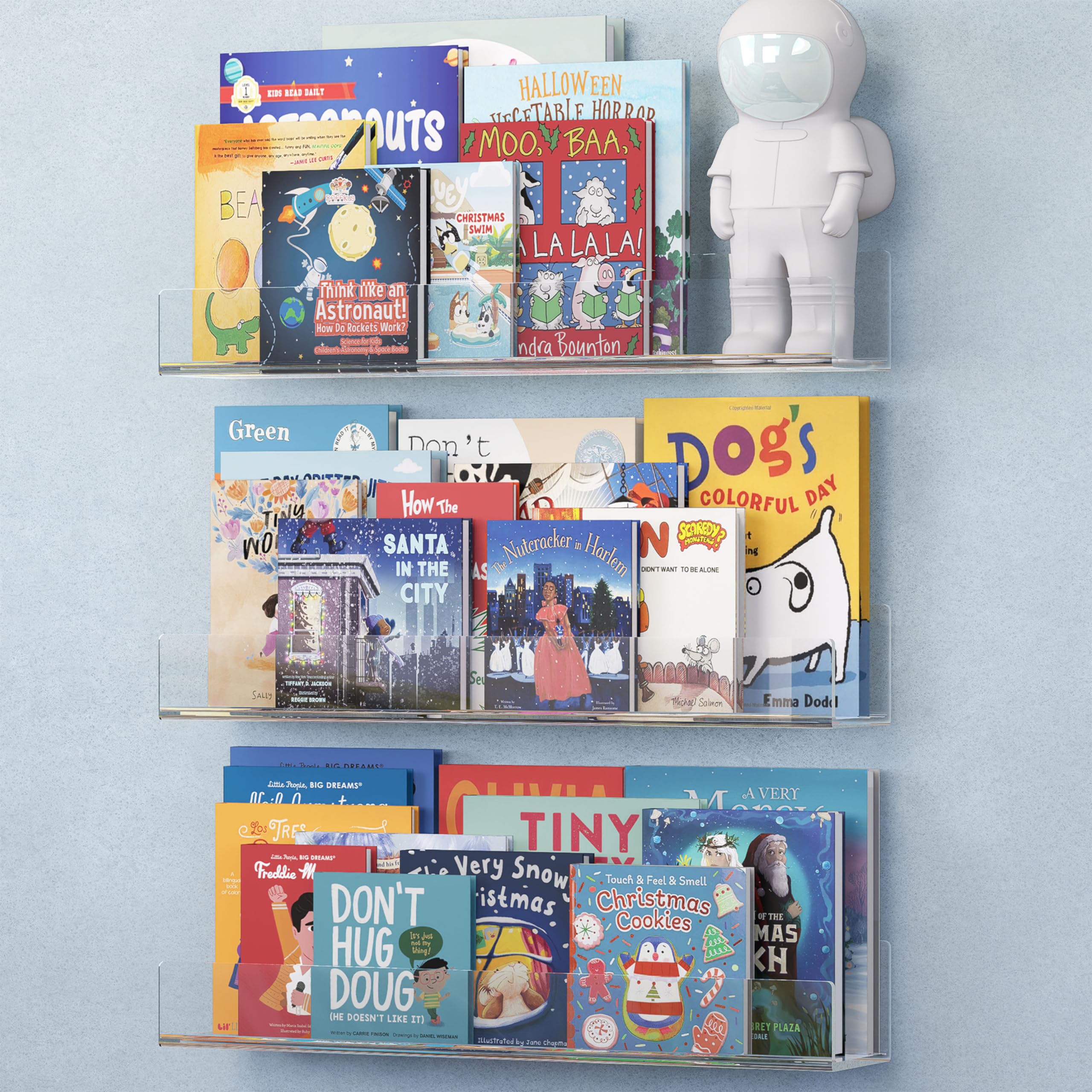 Nature Supplies acrylic bookshelf set-3 wall-mount demonstrates clear display saving wall space