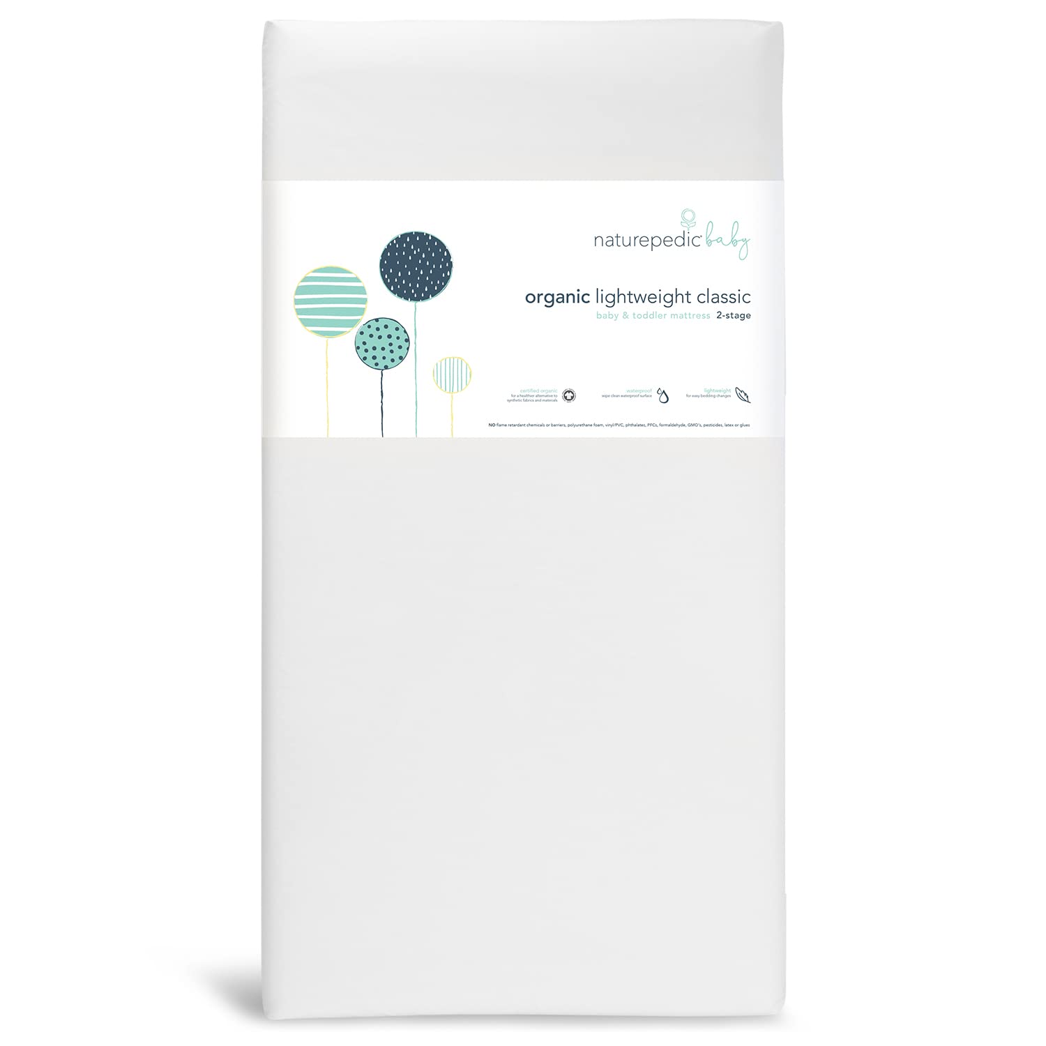Naturepedic Organic Baby Crib Mattress main view shows 2-stage infant-to-toddler support.