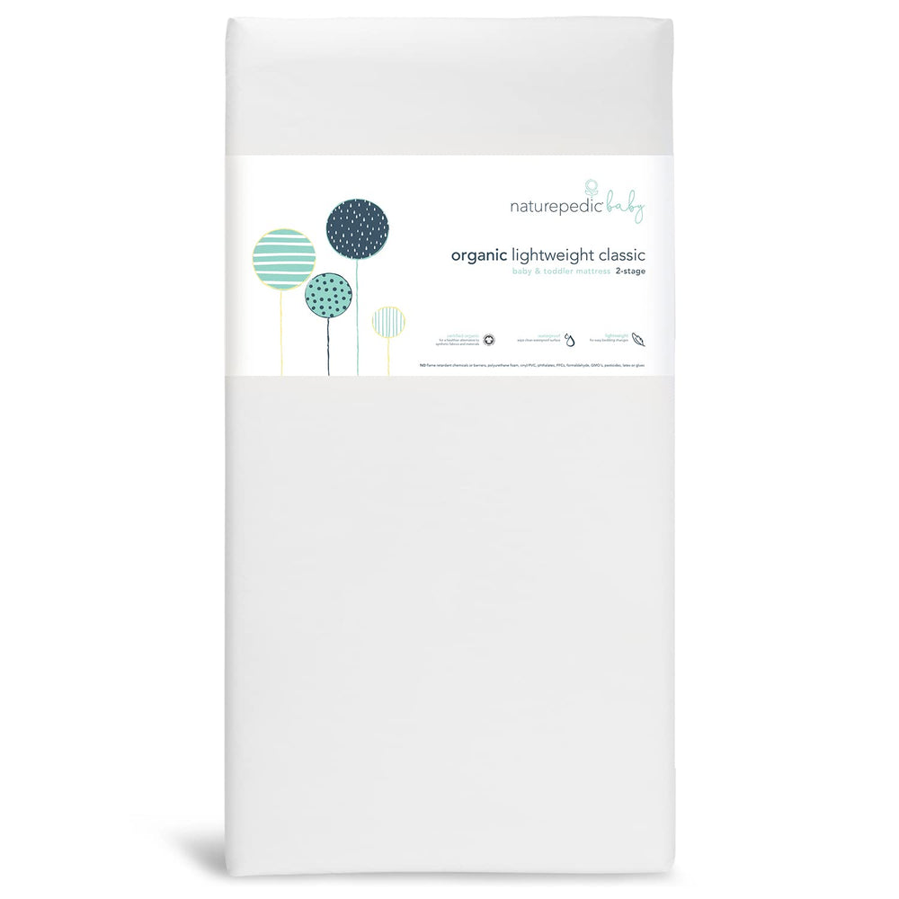 Naturepedic Organic Baby Crib Mattress main view shows 2-stage infant-to-toddler support.