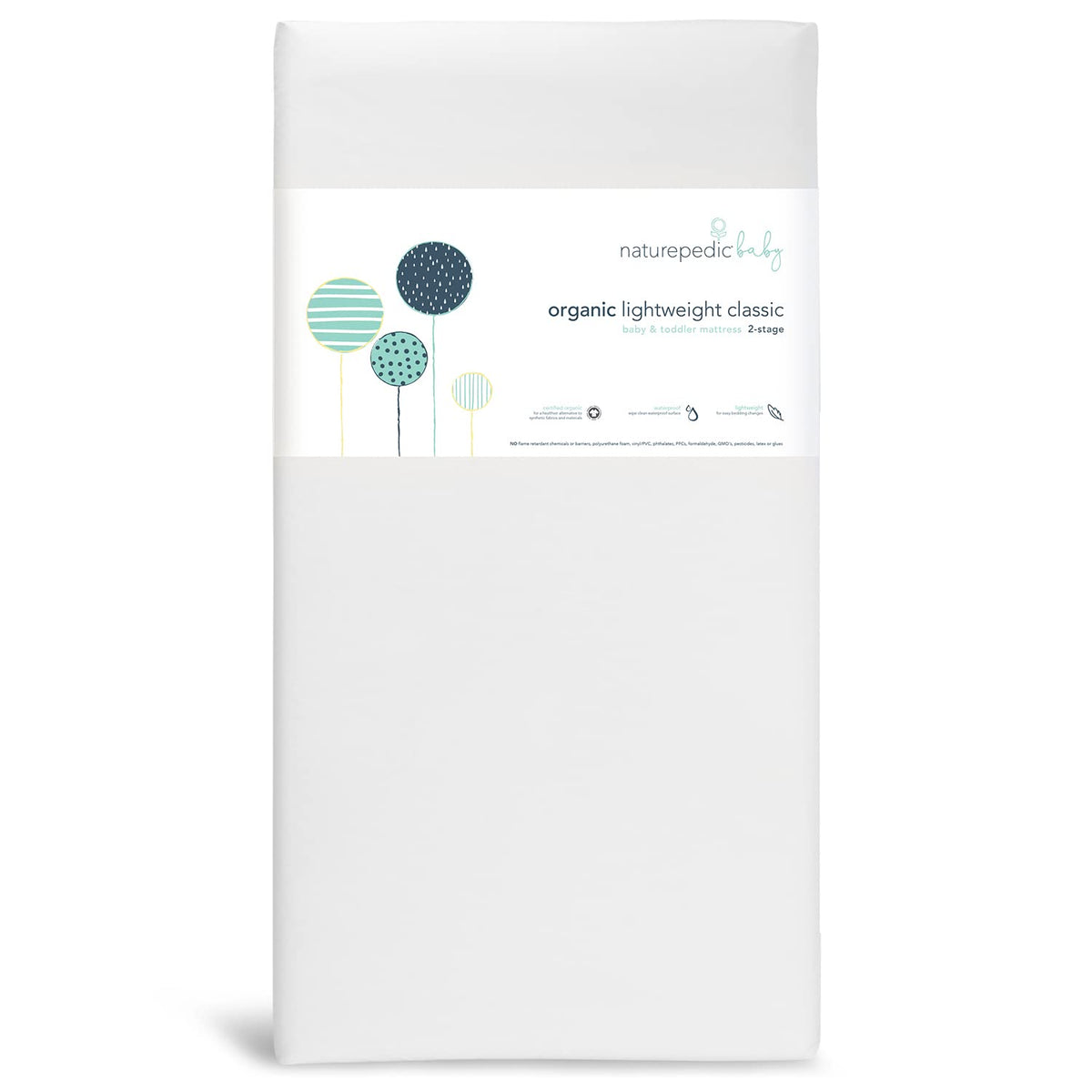 Naturepedic Organic Baby Crib Mattress main view shows 2-stage infant-to-toddler support.