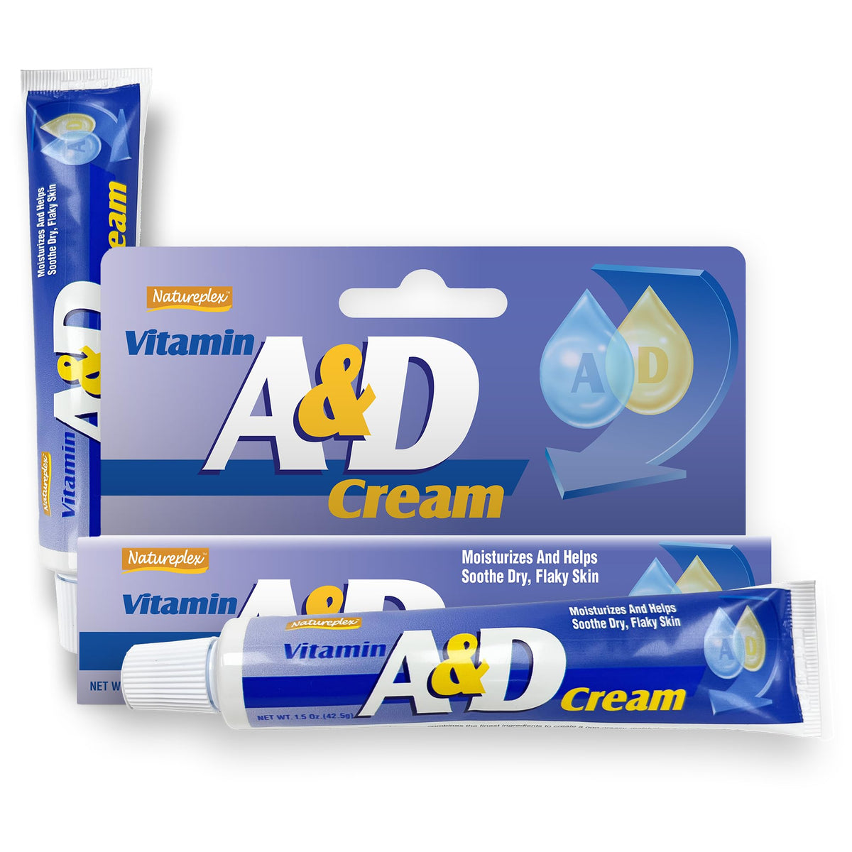 Natureplex A&D Cream bottle closeup shows a gentle barrier for irritated skin.