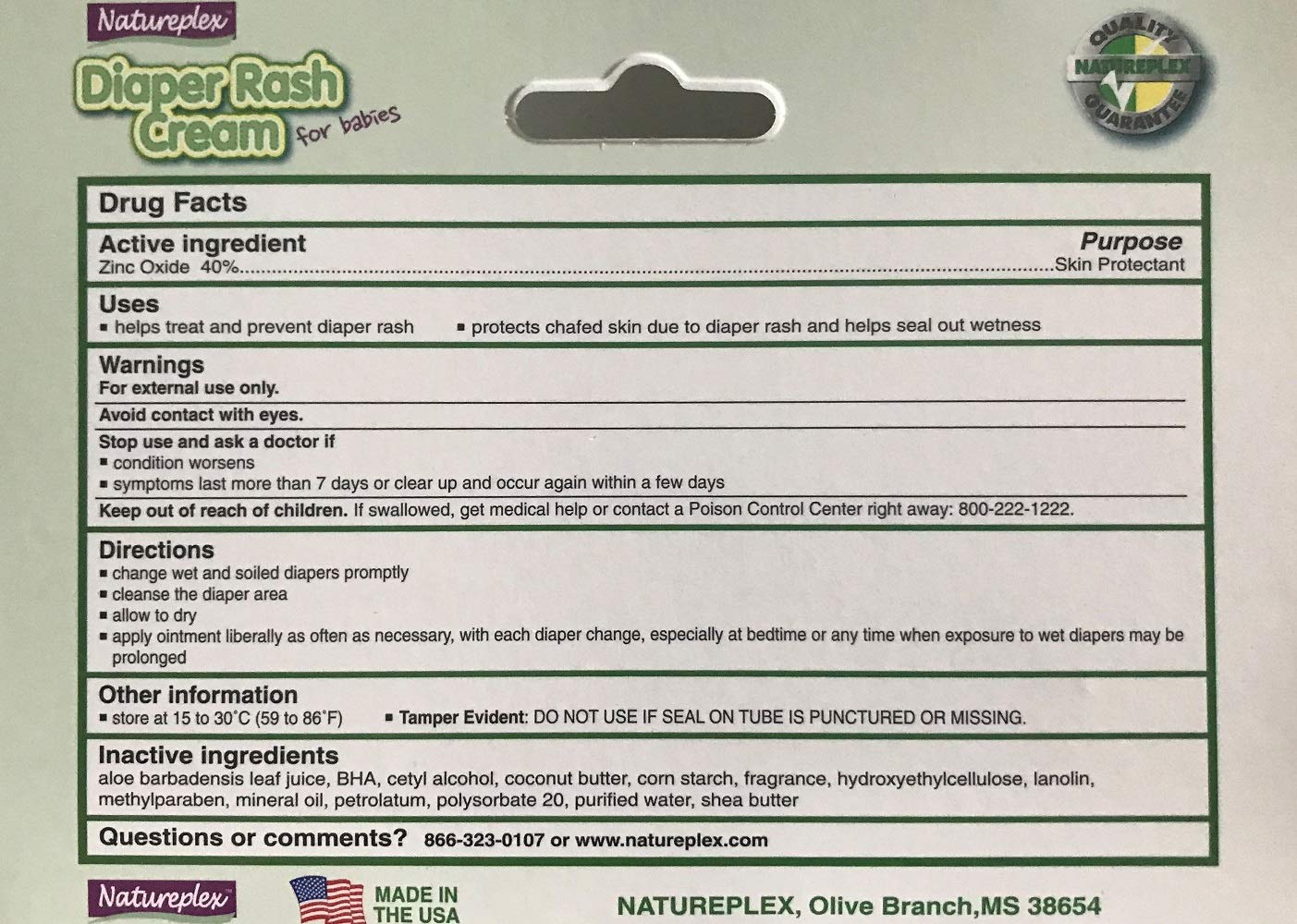 Natureplex diaper rash cream zinc oxide aloe close-up highlighting active ingredients for healing support