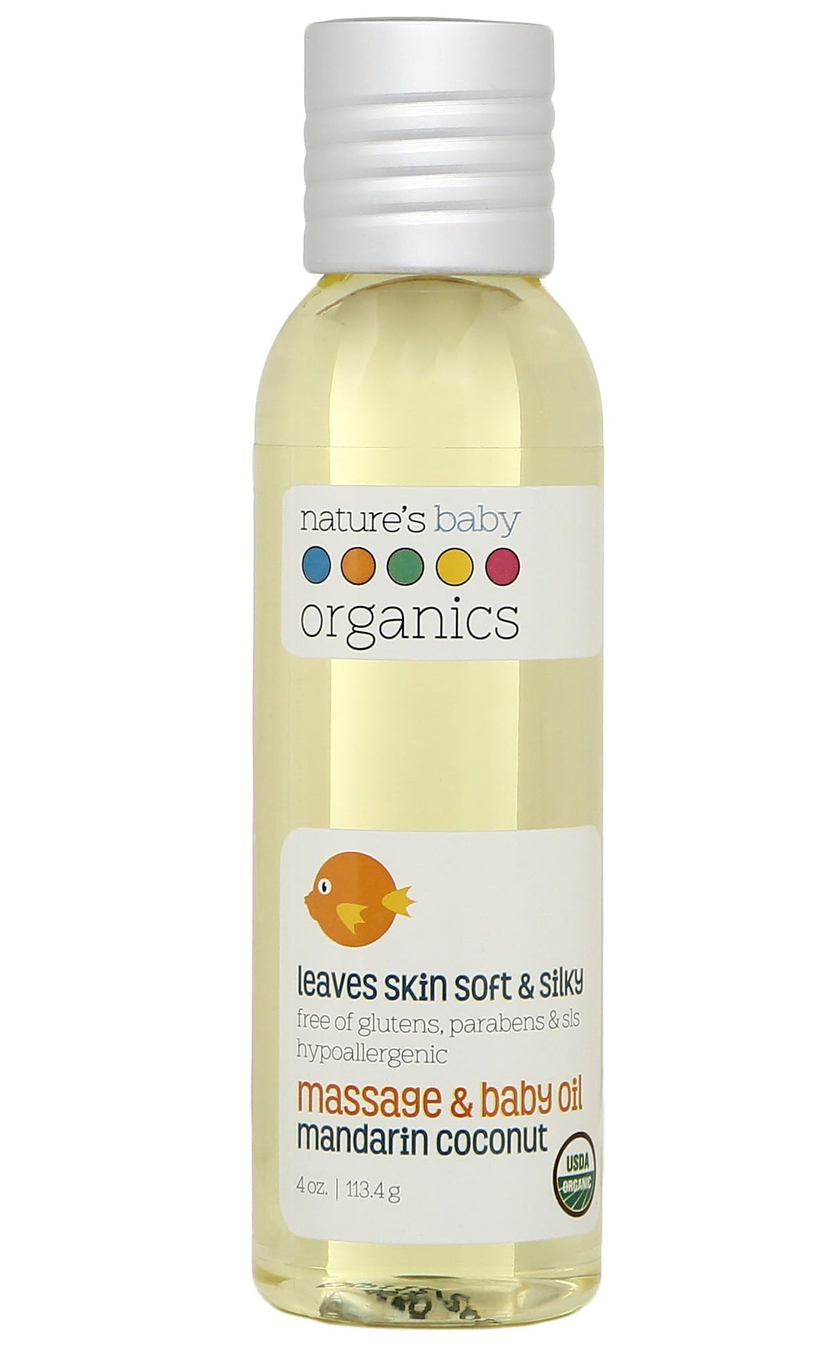 Nature's Baby Organics baby oil bottle front for all-day hydration on delicate skin.