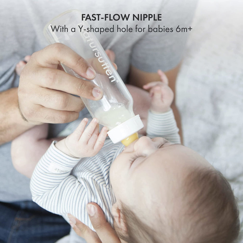 Natursutten fast-flow nipple anti-colic valve detail highlights smoother feeding.