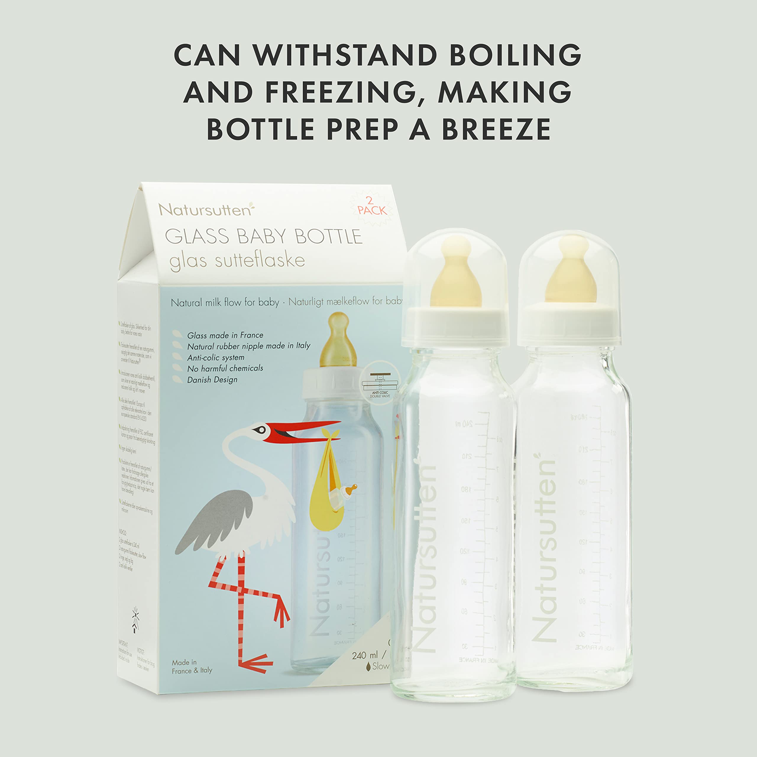 Natursutten glass bottle in kitchen or fridge for safe storage.