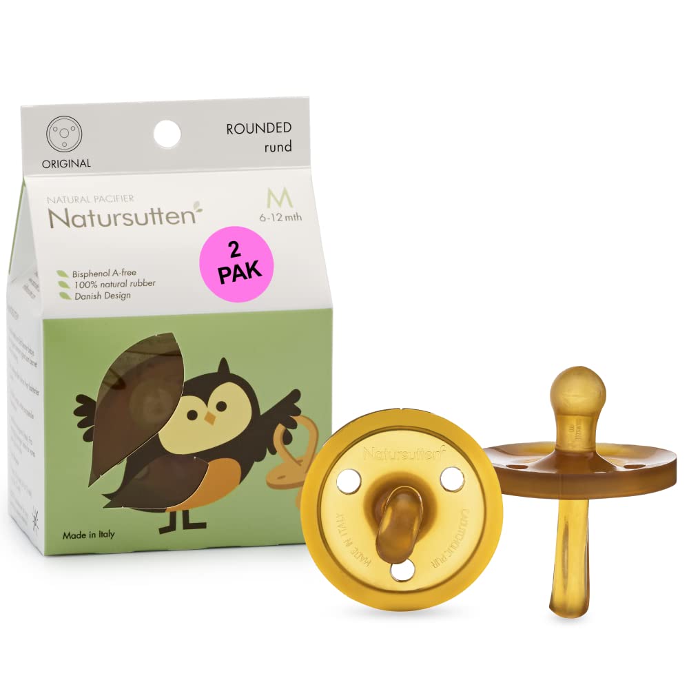 Natursutten 6-12m pacifiers with original shield and round nipple 2-pack for breastfed babies.