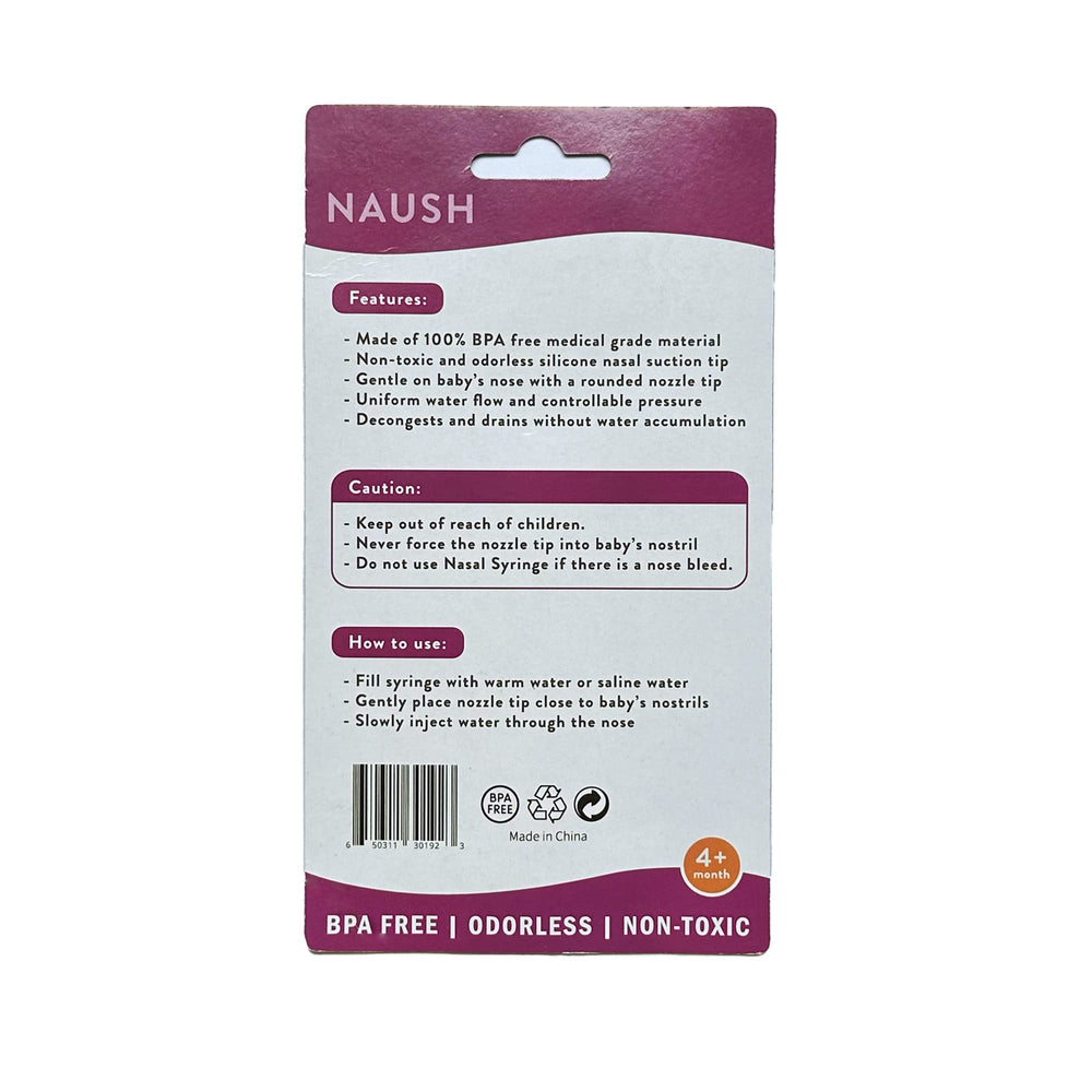 NAUSH baby nasal syringe irrigator with silicone tip for safe, soothing cleaning.