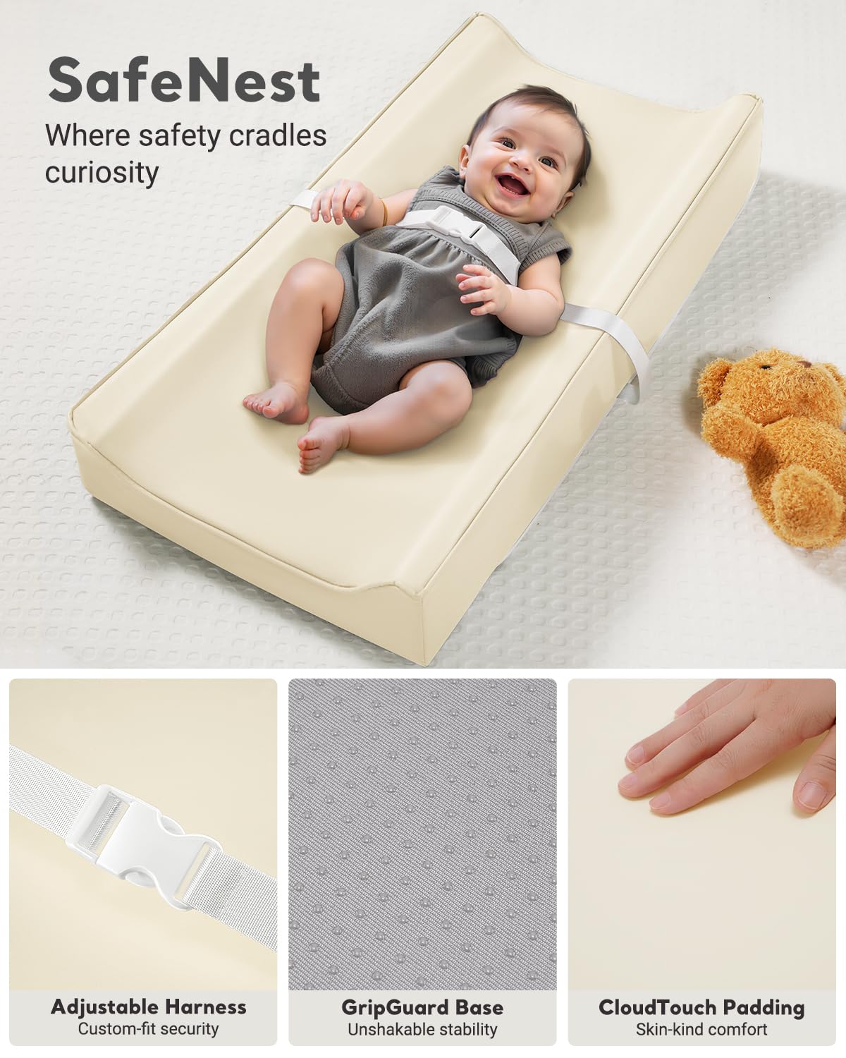Navari soft hypoallergenic surface provides gentle skin contact during changes.