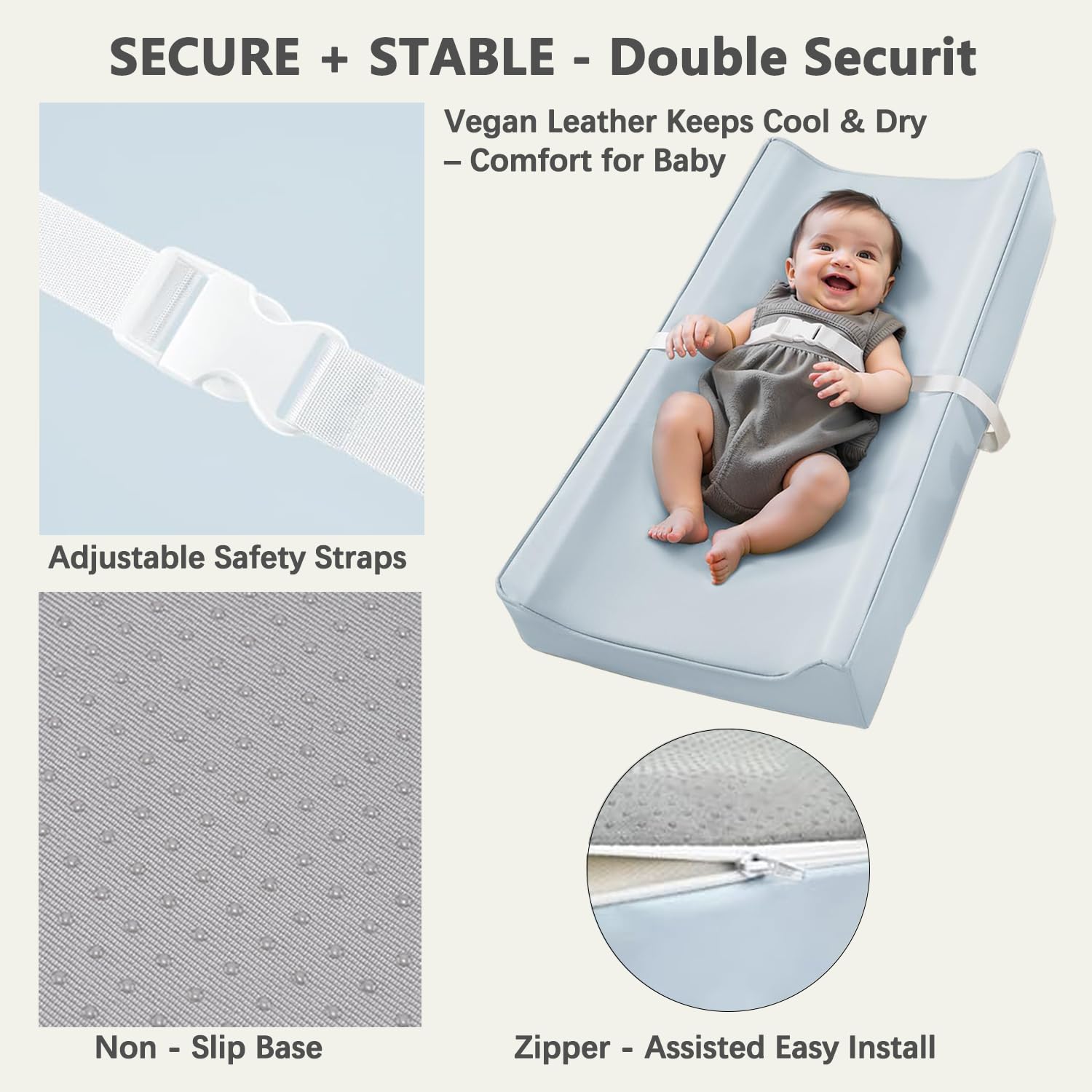 Navari easy-clean blue changing pad cover resists stains and cleans fast.