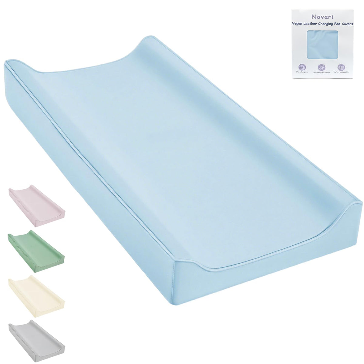 Navari vegan leather changing pad cover blue on table with quick wipe-clean surface