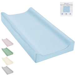 Navari vegan leather changing pad cover blue on table with quick wipe-clean surface