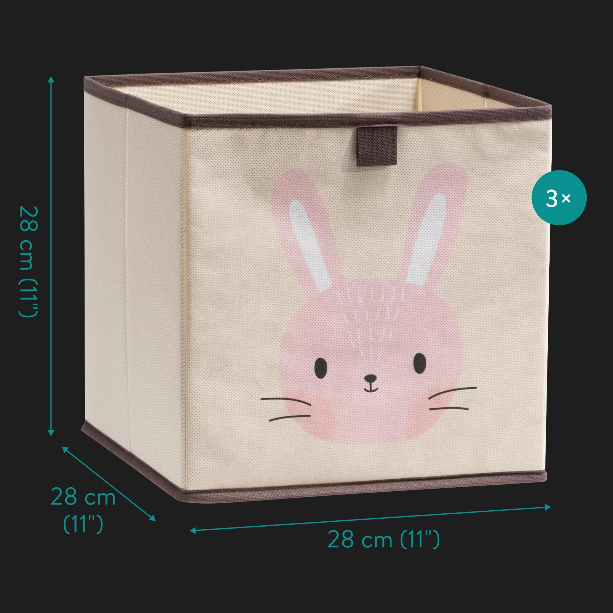Navaris rabbit fox design storage cubes on the floor suitable for playroom use.