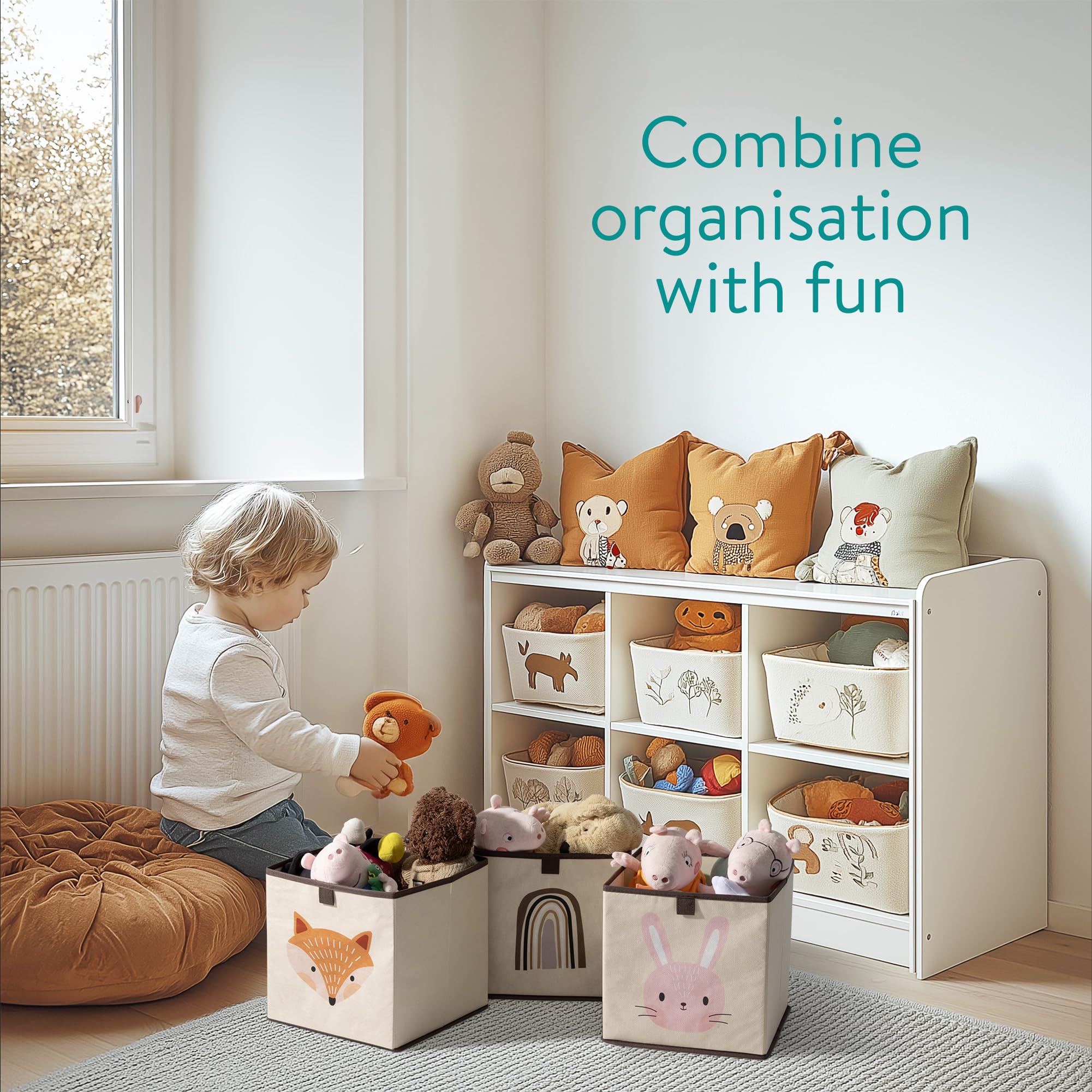 Navaris kids storage cubes side view showing convenient handle loops for kids to pull boxes.
