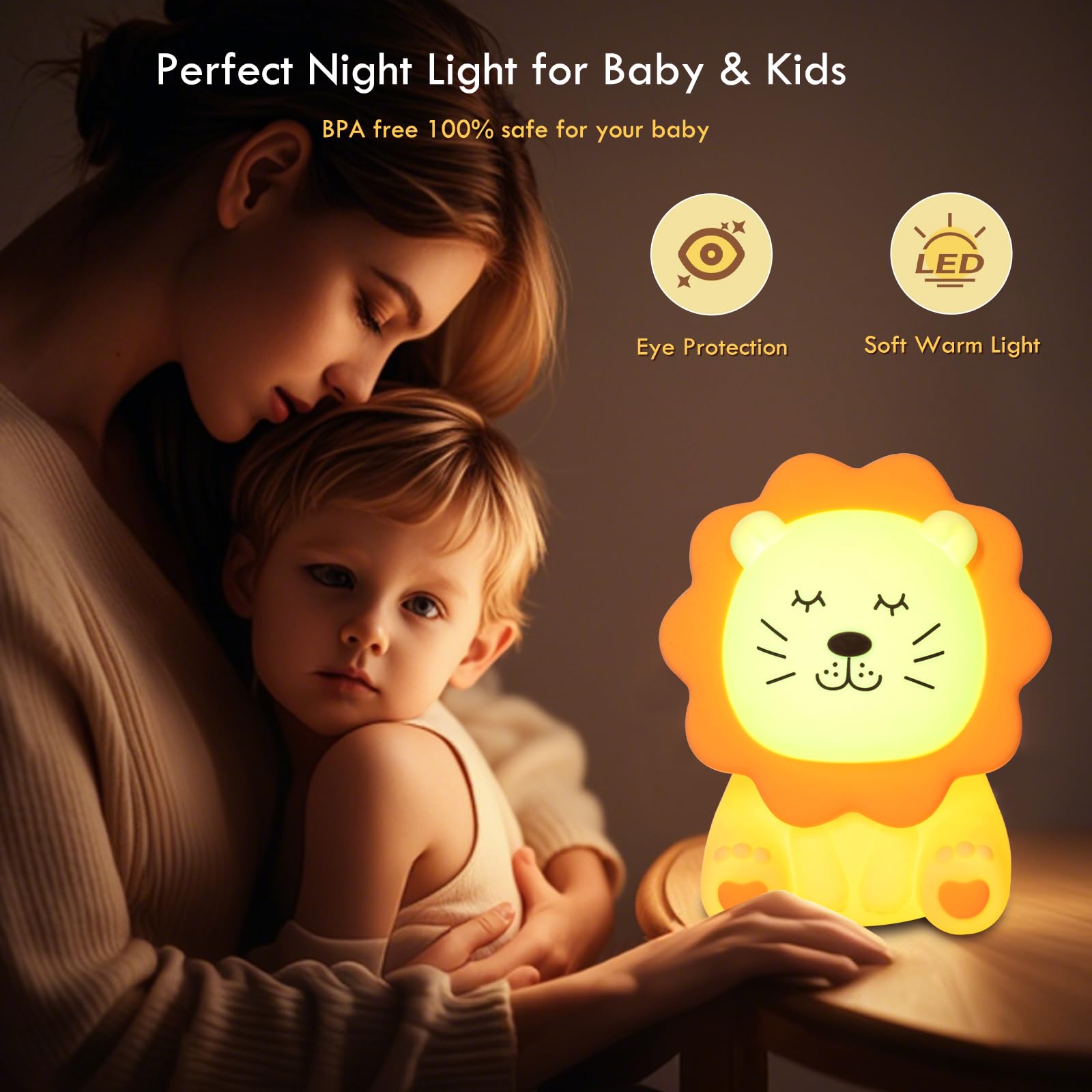 Nawchedo Lion Night Light sits on a bedside table for easy reading.