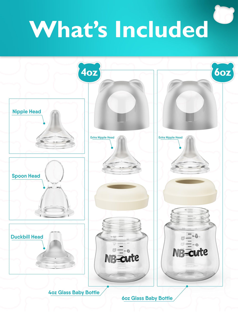 NB-cute interchangeable silicone nipples and heads support versatile feeding options