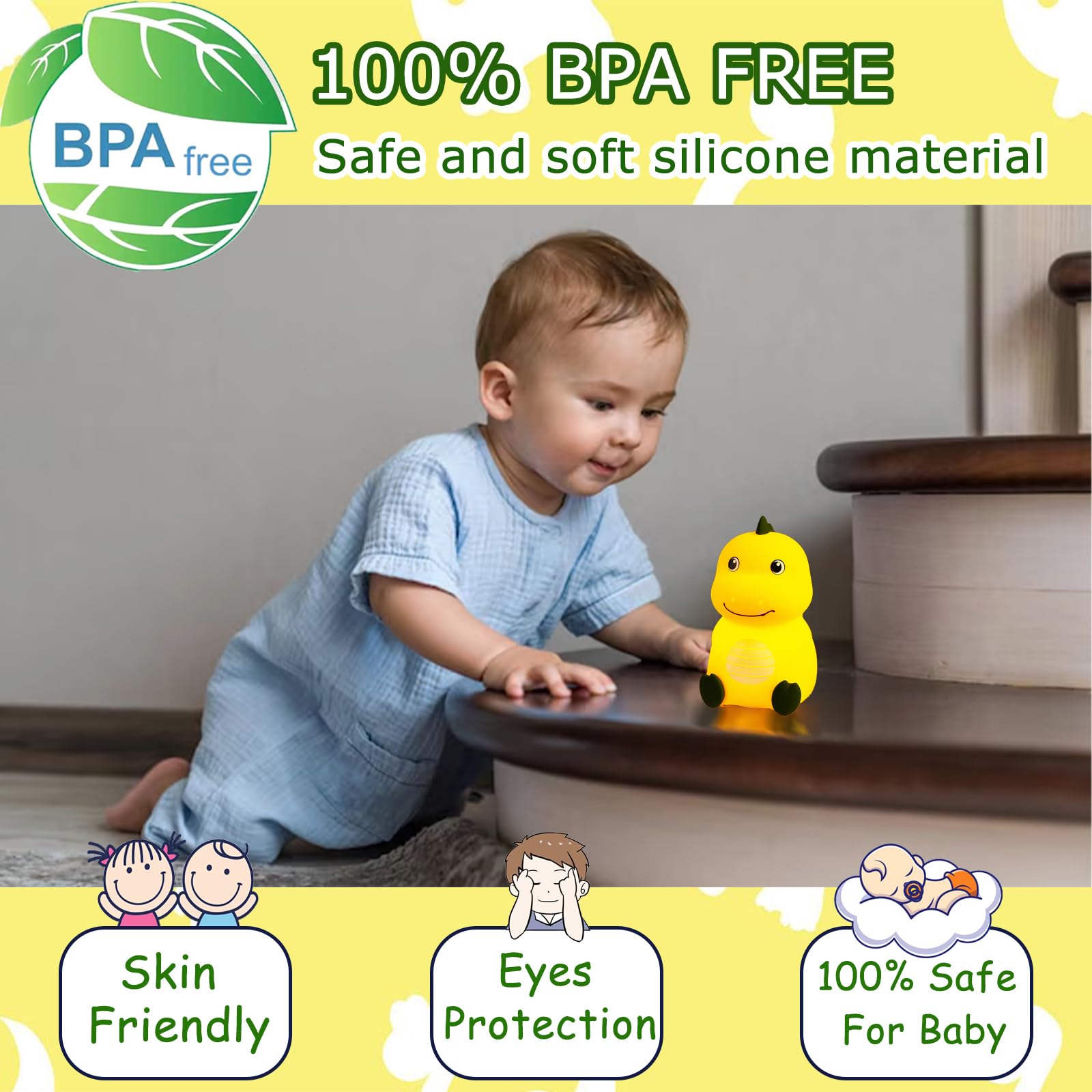 NCBNCB dinosaur night light dimmer toggle enabling 50% brightness for gentle nursery lighting
