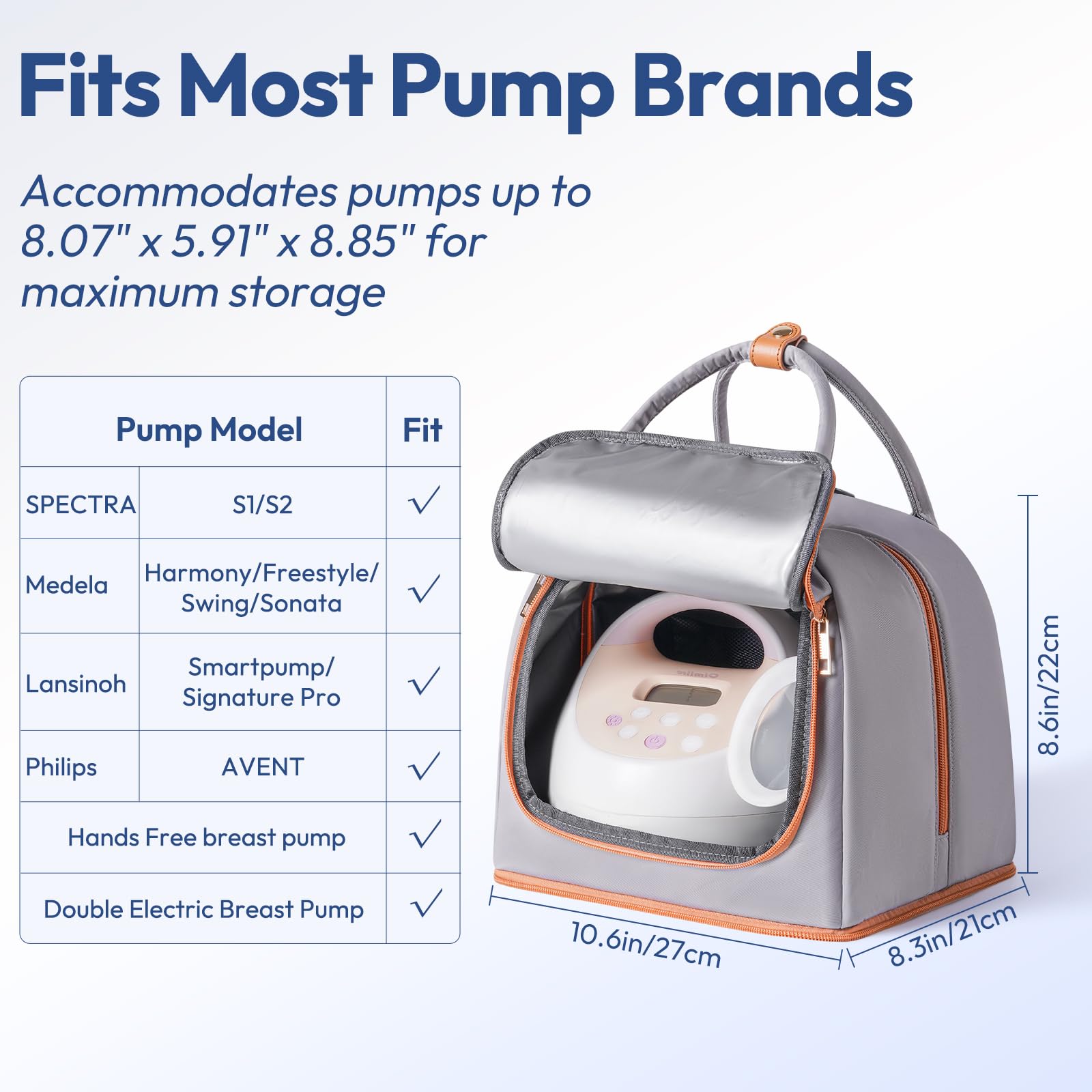 NCVI breast pump bag top-compartment stores pump and accessories for quick setup