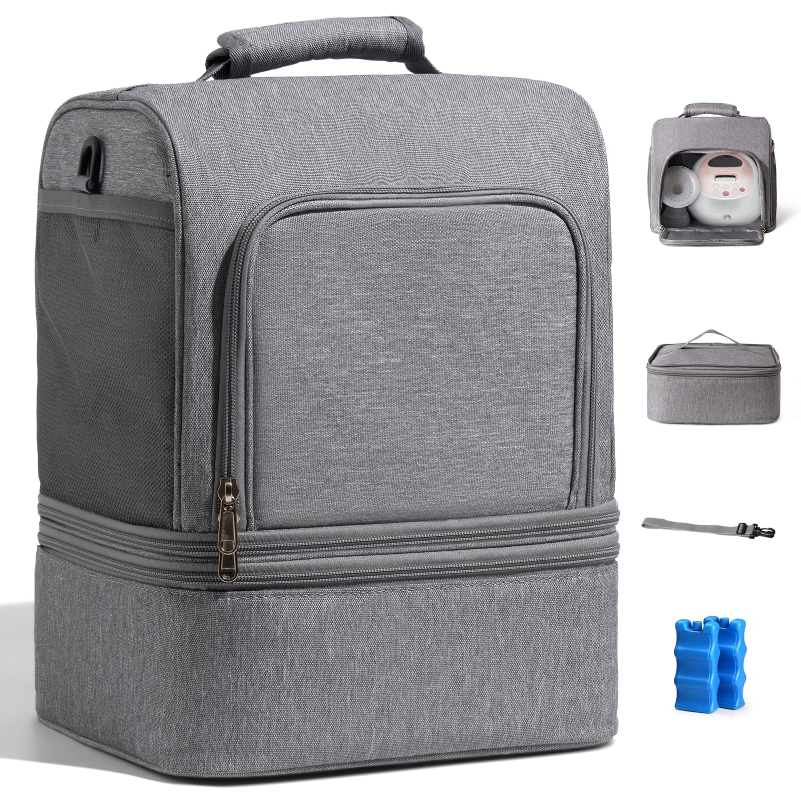 NCVI breast pump bag top layer keeps pump organized for quick access.