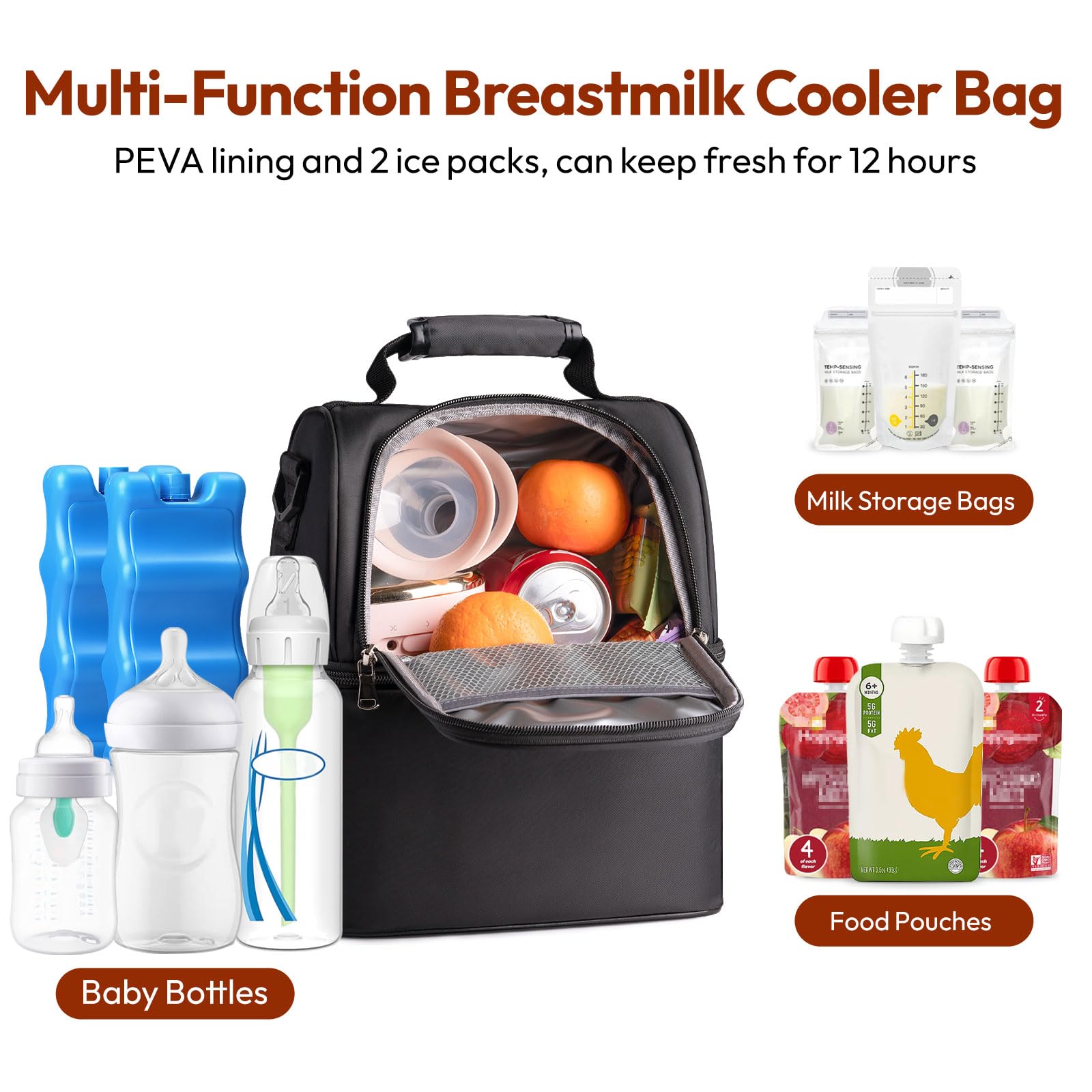 NCVI Breastmilk Cooler Bag side strap demonstrates hands-free carrying during outings