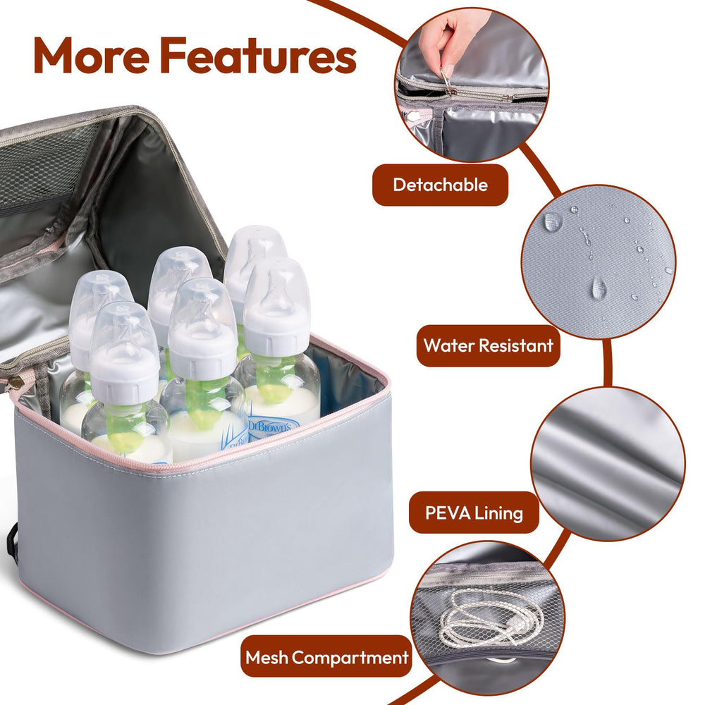 NCVI breastmilk cooler bag grey back strap demonstrates hands-free wear