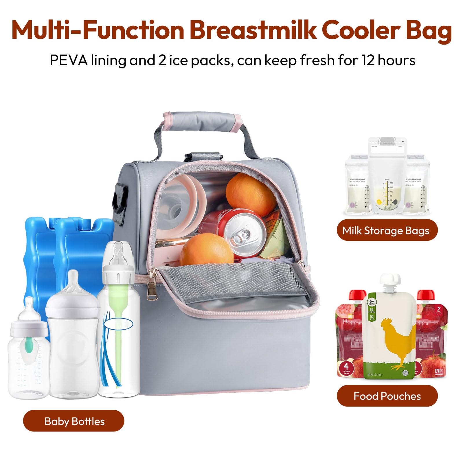 NCVI breastmilk cooler bag grey open compartment highlights two-layer storage