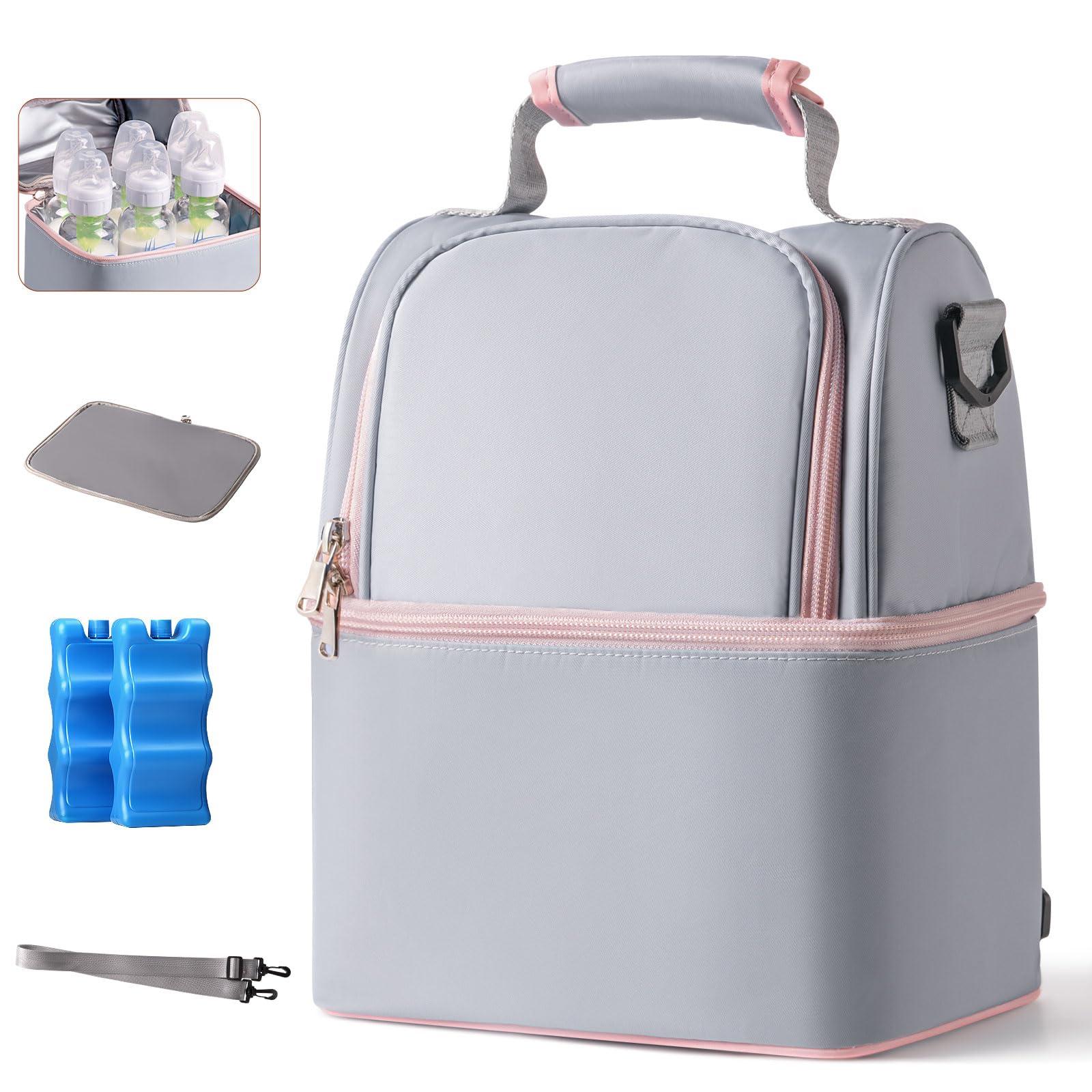 NCVI breastmilk cooler bag grey top view shows portable, travel-ready design