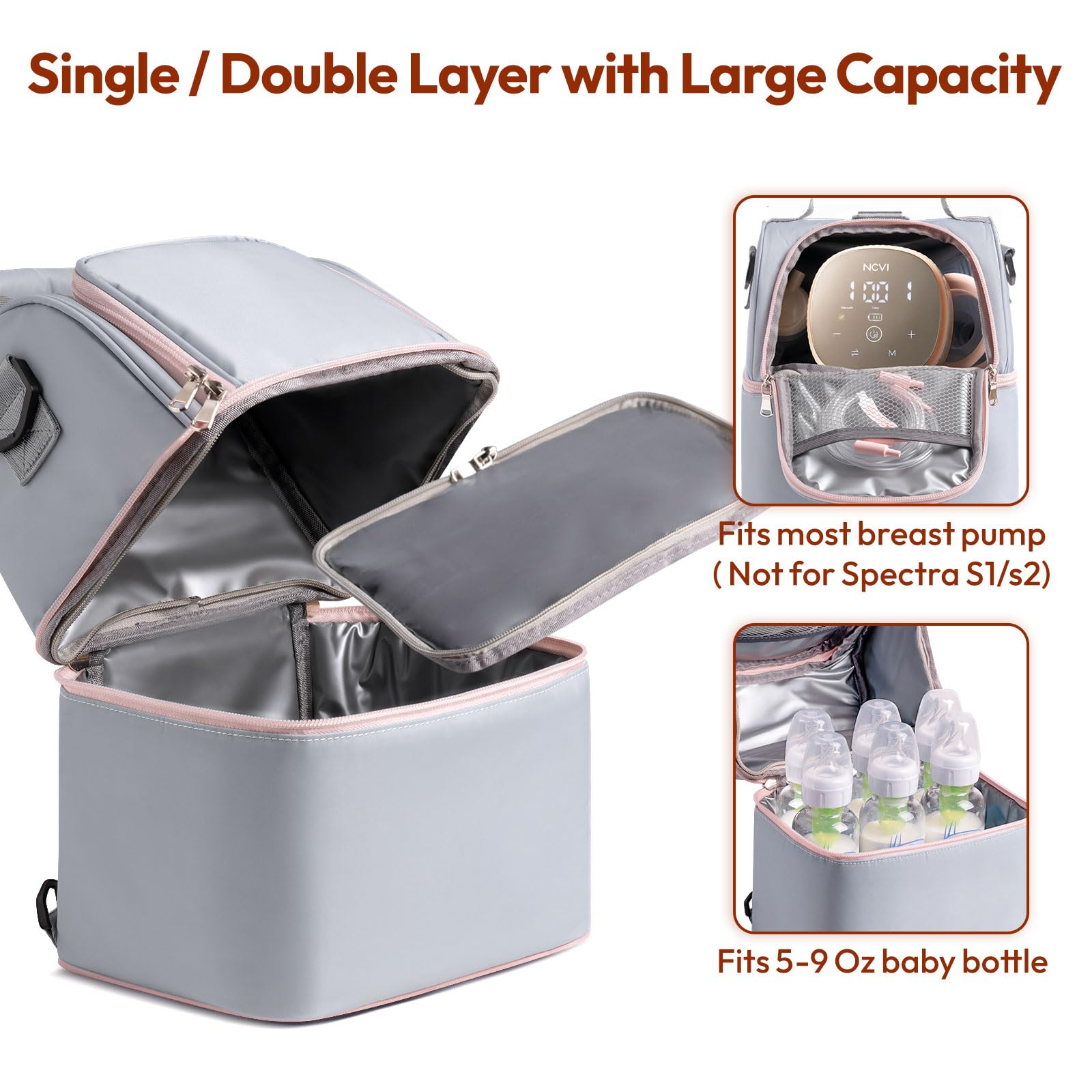 NCVI breastmilk cooler bag grey with two ice packs for cooling during transport