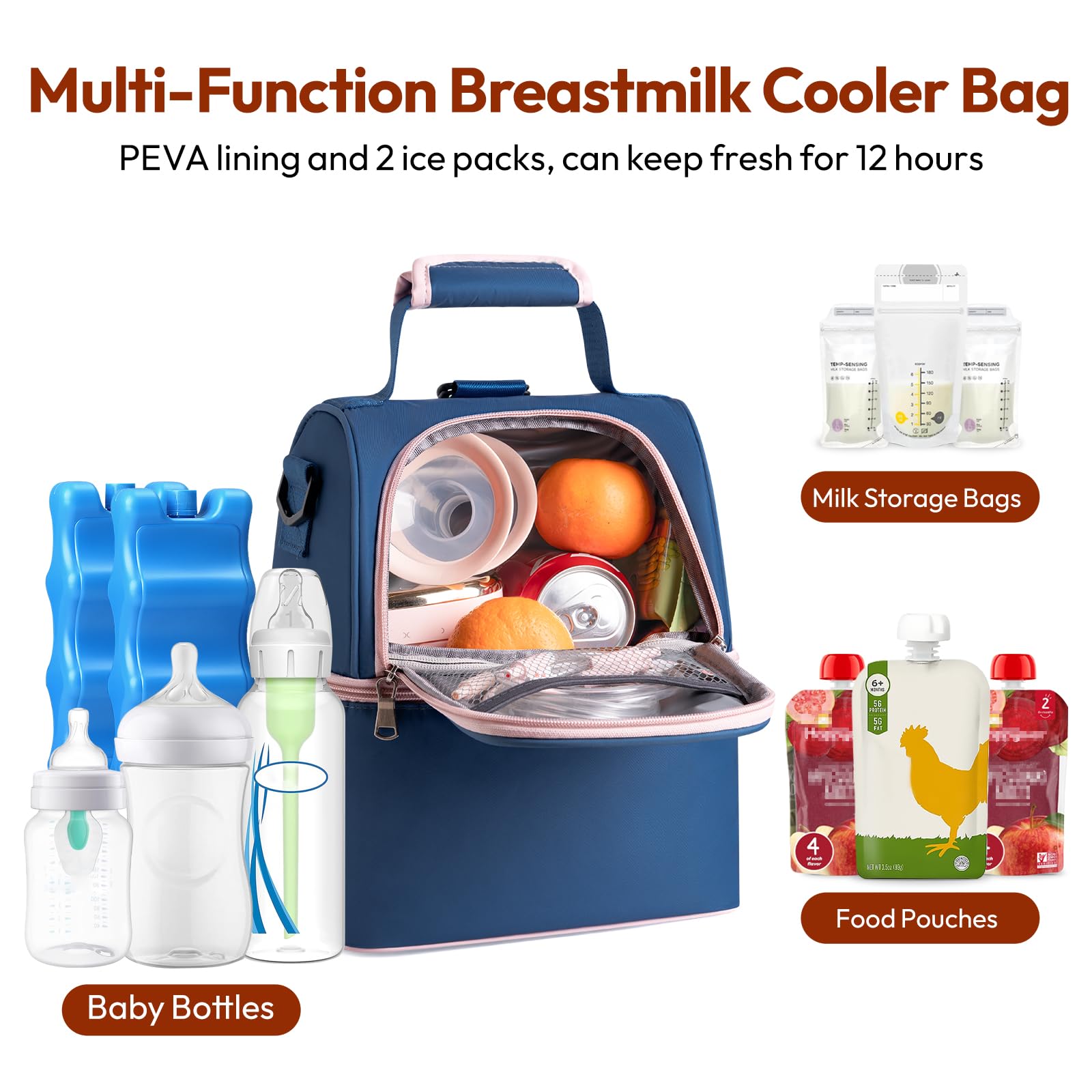NCVI bag open compartment shows space for pumps and bottles on daycare trips.