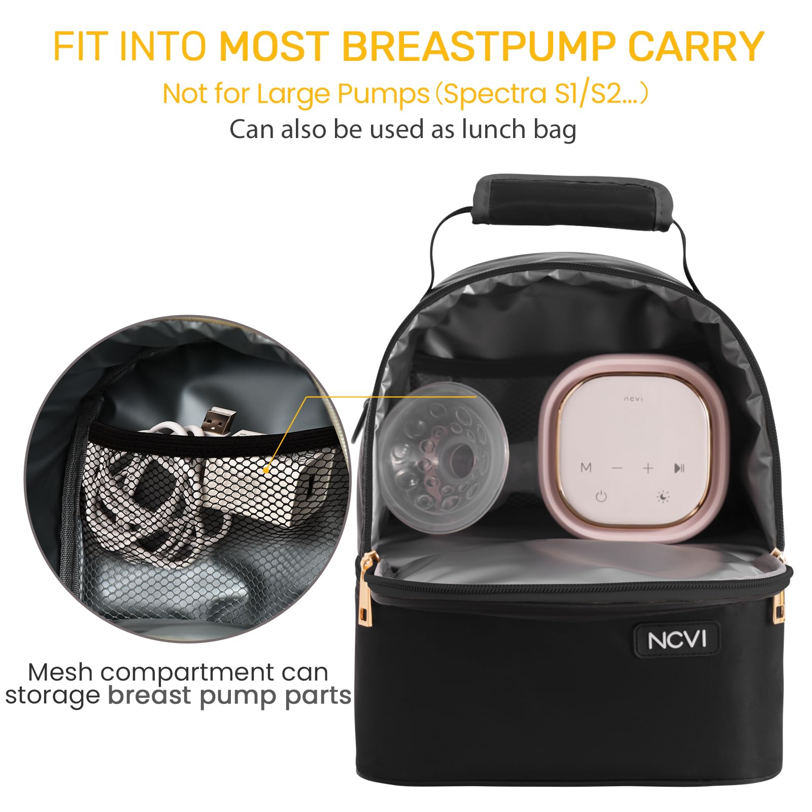 NCVI breastmilk cooler bag open two layers reveals organized storage for bottles and meals