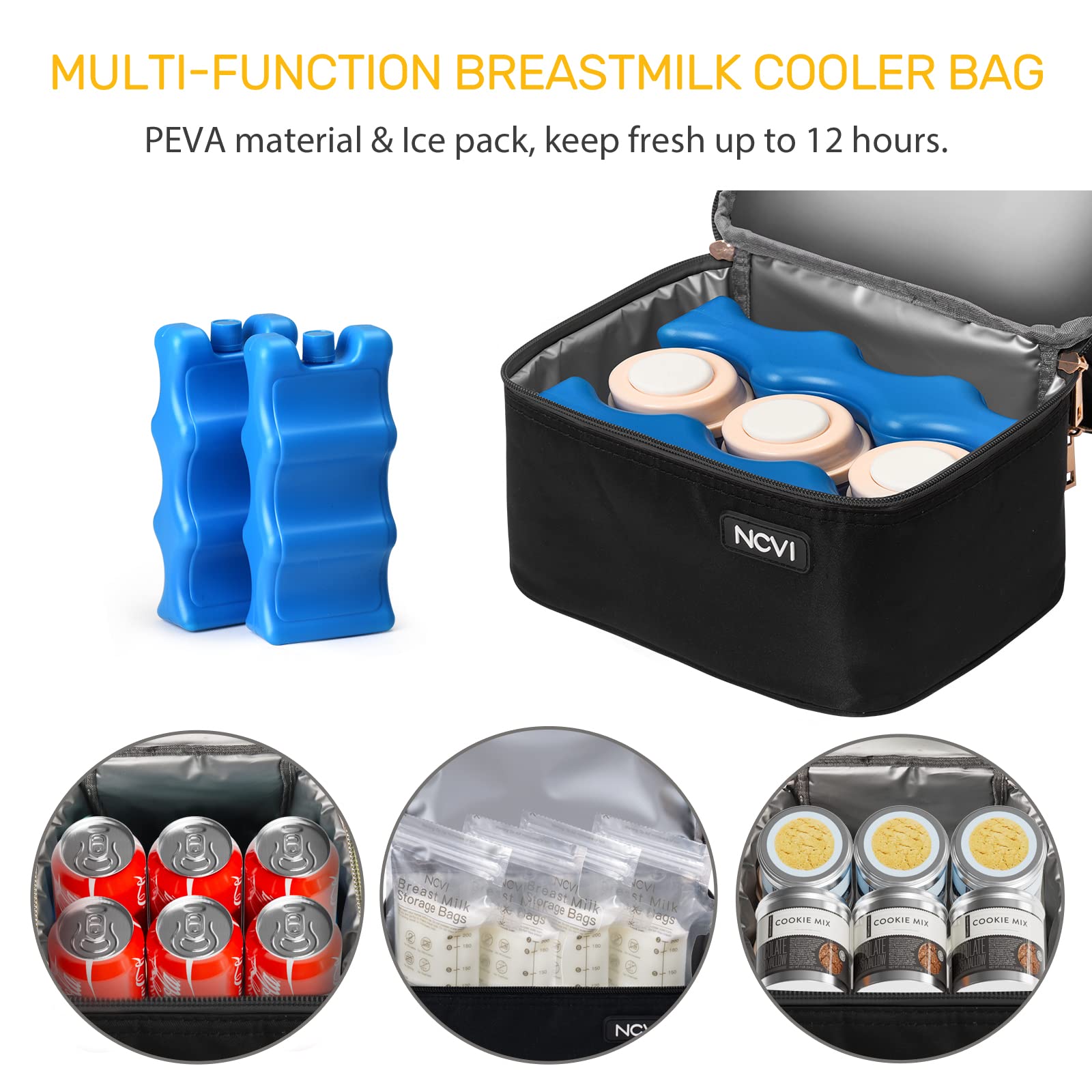 NCVI breastmilk cooler bag side pocket shows easy-access storage for mom essentials