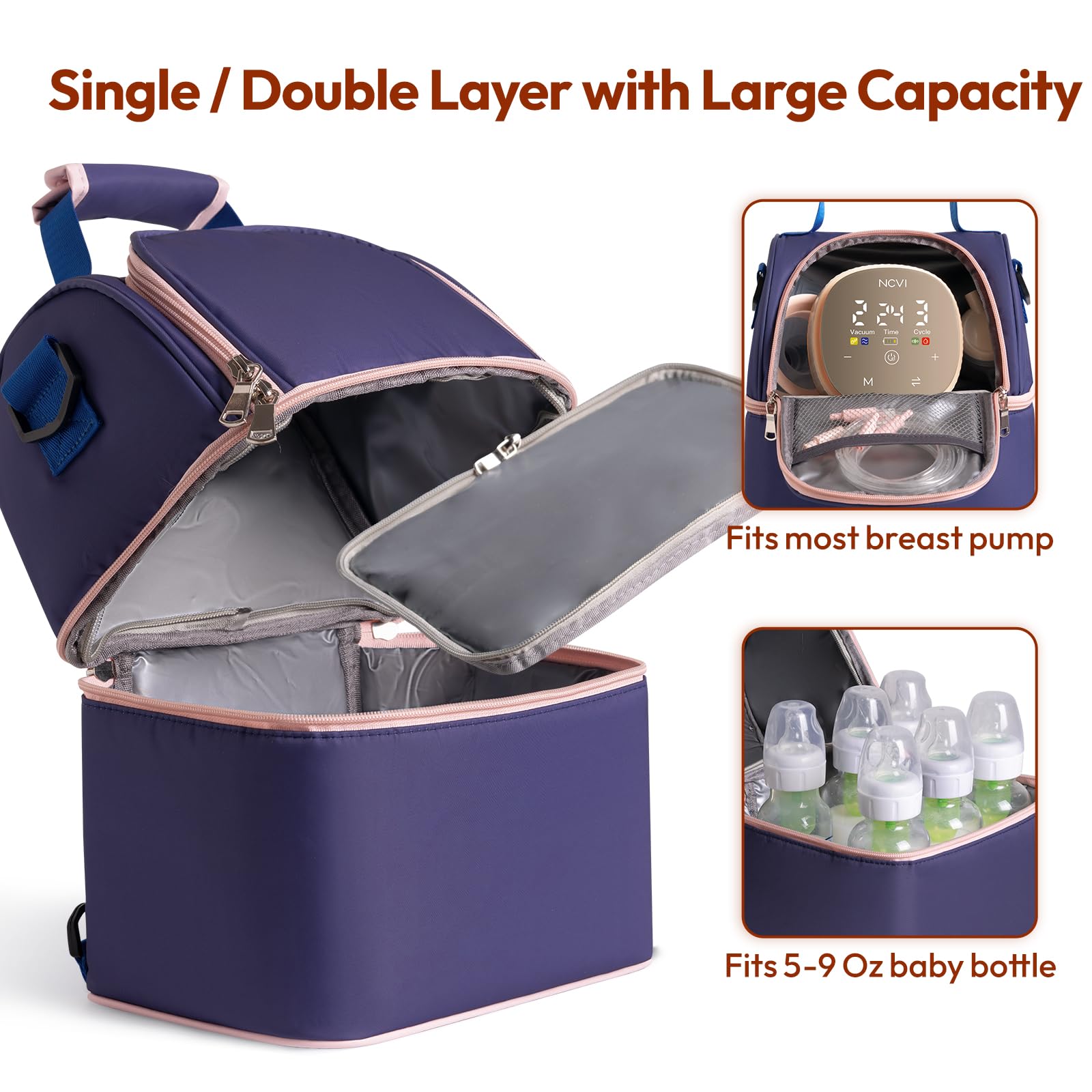 NCVI Breastmilk Cooler Bag top zipper access demonstrating quick organization.
