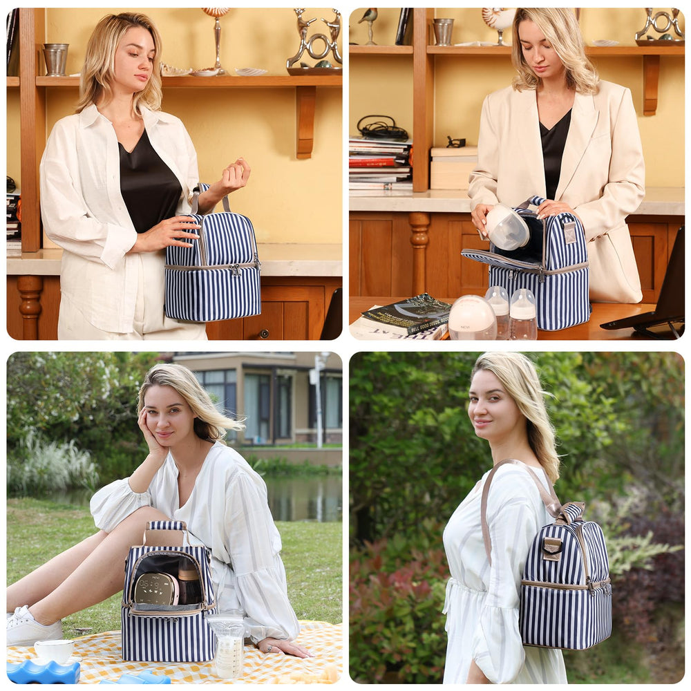 NCVI stripe pattern bag with dimensions showing travel-friendly size and capacity